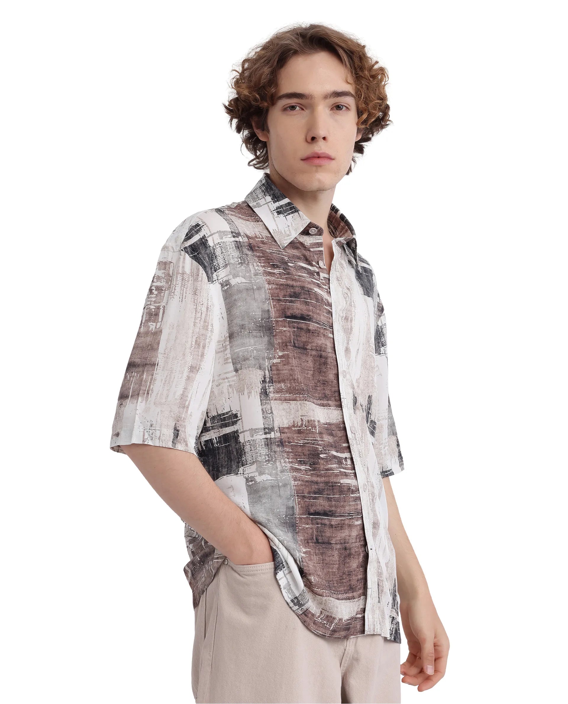 Rare Rabbit Men's Azah Dusky Beige Viscose Fabric Short Sleeve Button Closure Abstract Printed Shirt