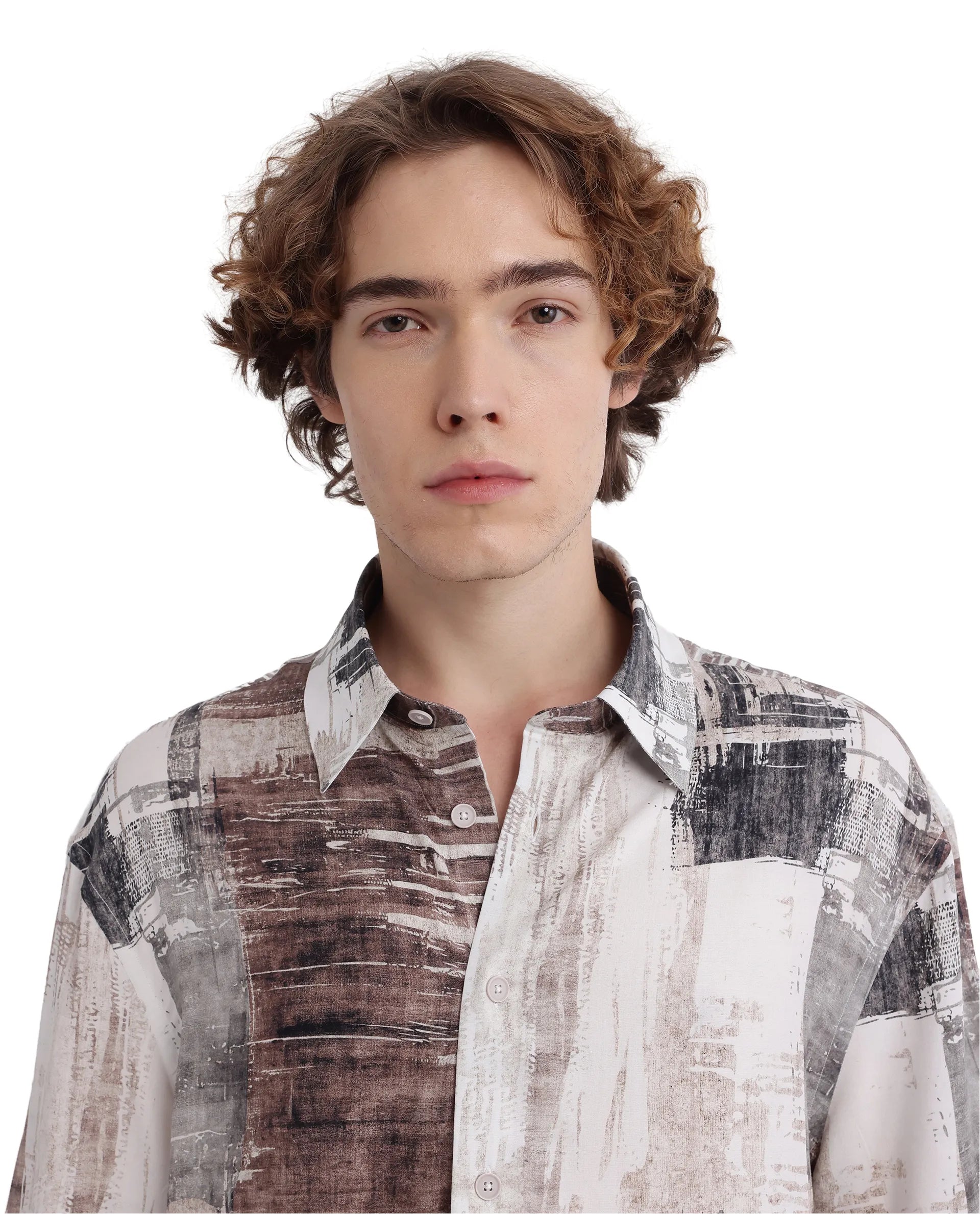 Rare Rabbit Men's Azah Dusky Beige Viscose Fabric Short Sleeve Button Closure Abstract Printed Shirt