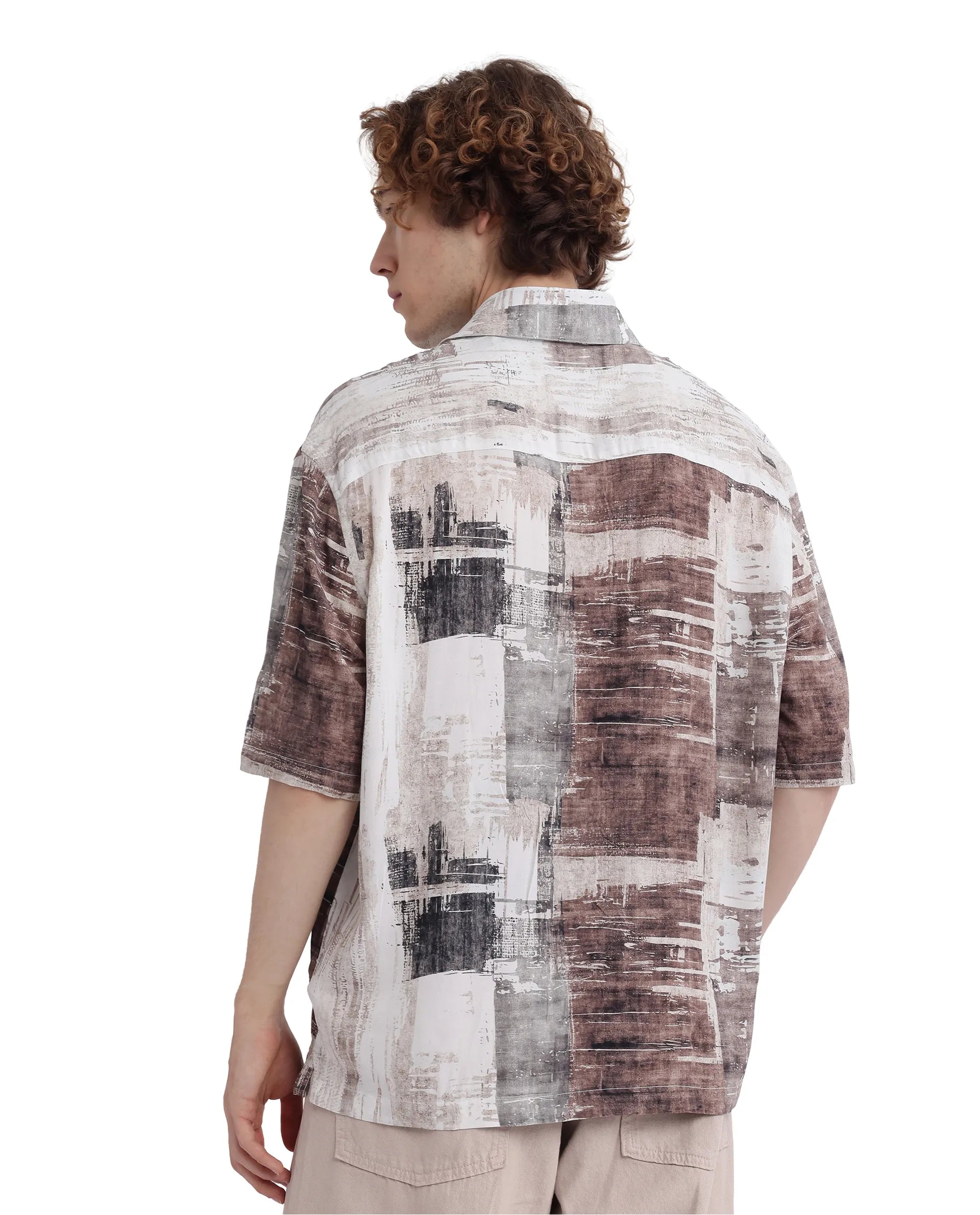 Rare Rabbit Men's Azah Dusky Beige Viscose Fabric Short Sleeve Button Closure Abstract Printed Shirt