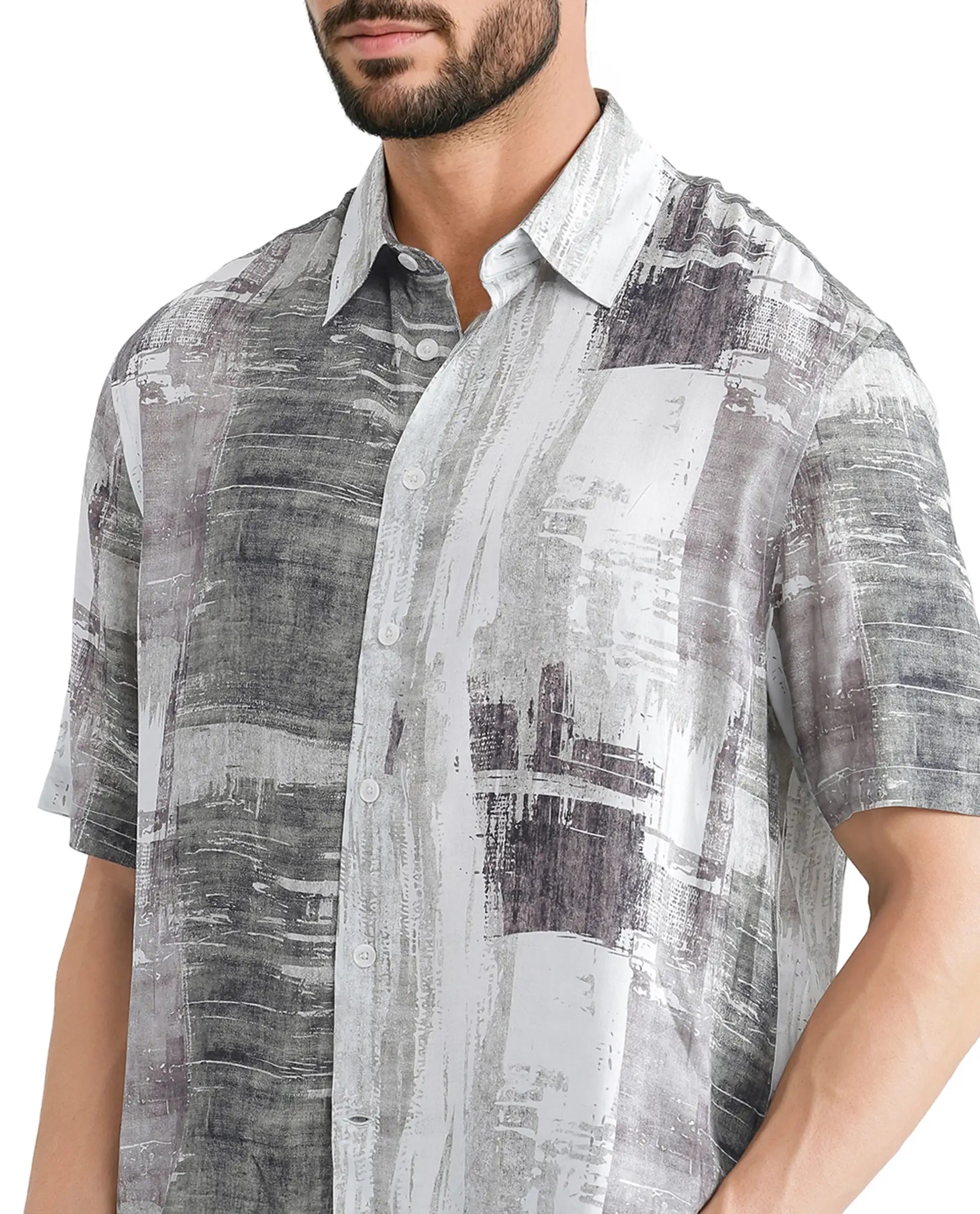 Rare Rabbit Men's Azah Dusky Green Viscose Fabric Short Sleeve Button Closure Abstract Printed Shirt