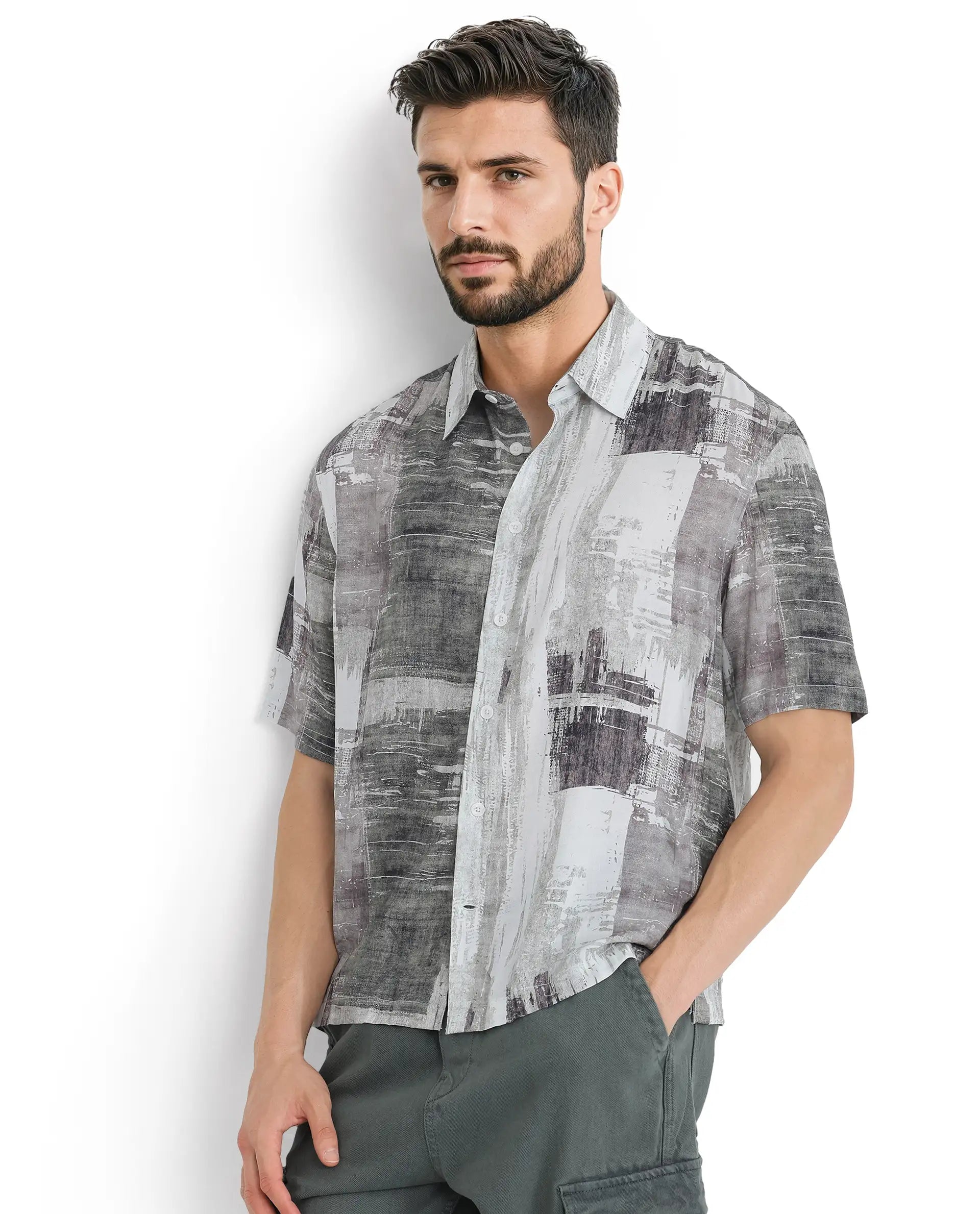 Rare Rabbit Men's Azah Dusky Green Viscose Fabric Short Sleeve Button Closure Abstract Printed Shirt