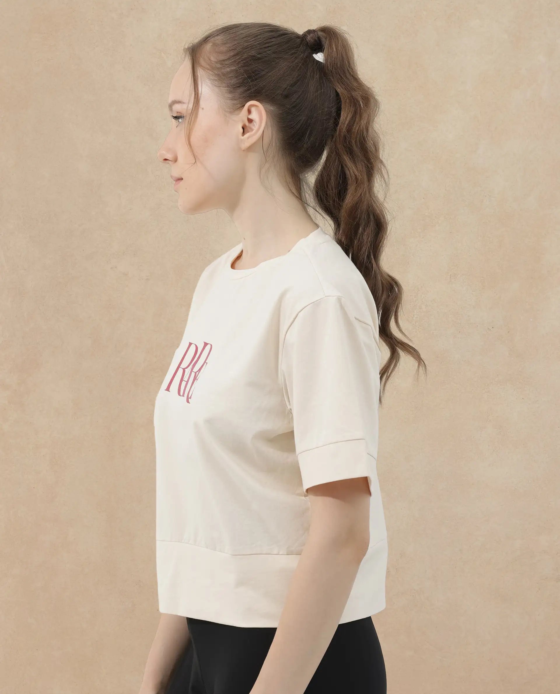 Rareism Women Azel Light Beige Cotton Elastane Fabric Crew Neck Knit Solid T-Shirt