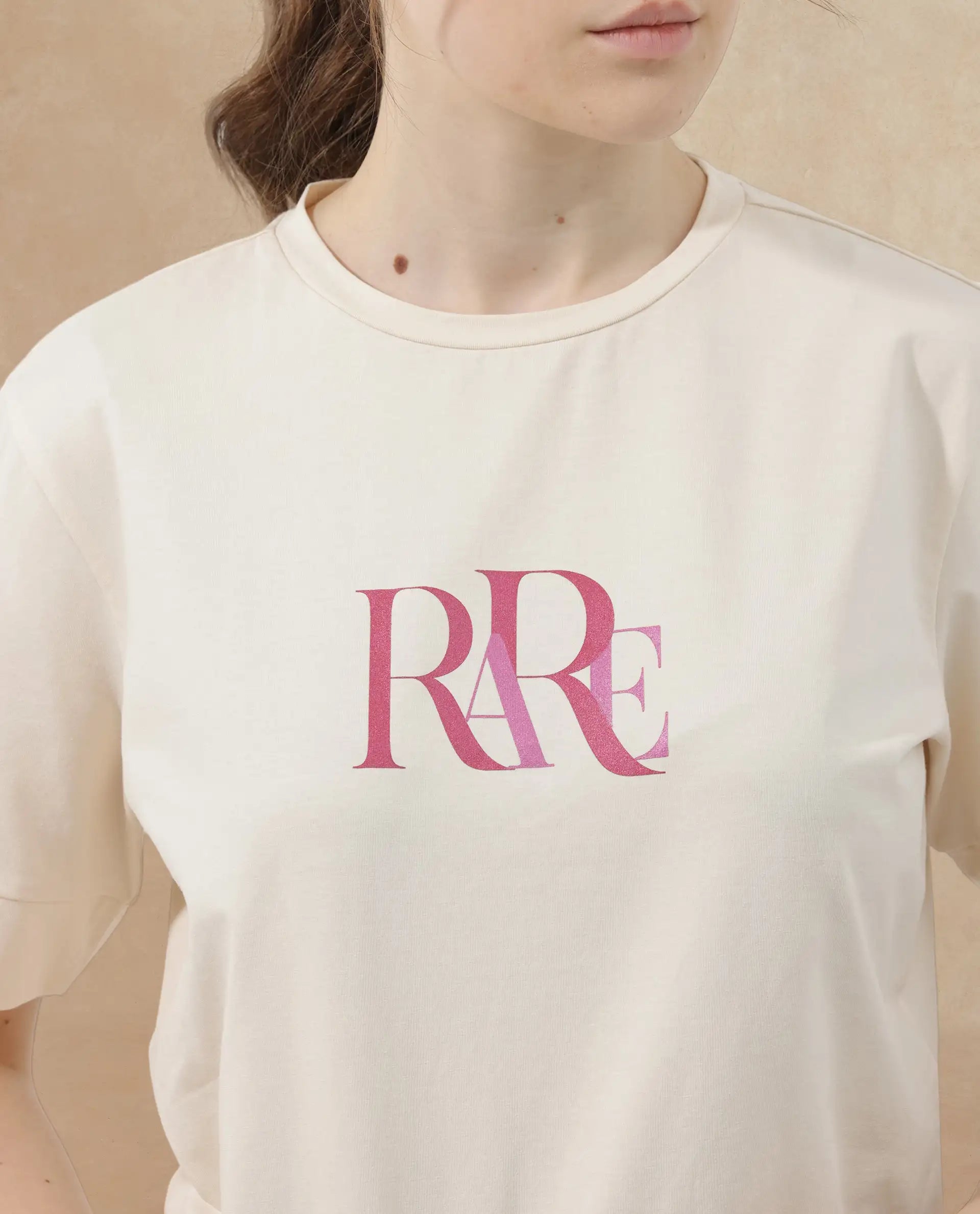 Rareism Women Azel Light Beige Cotton Elastane Fabric Crew Neck Knit Solid T-Shirt