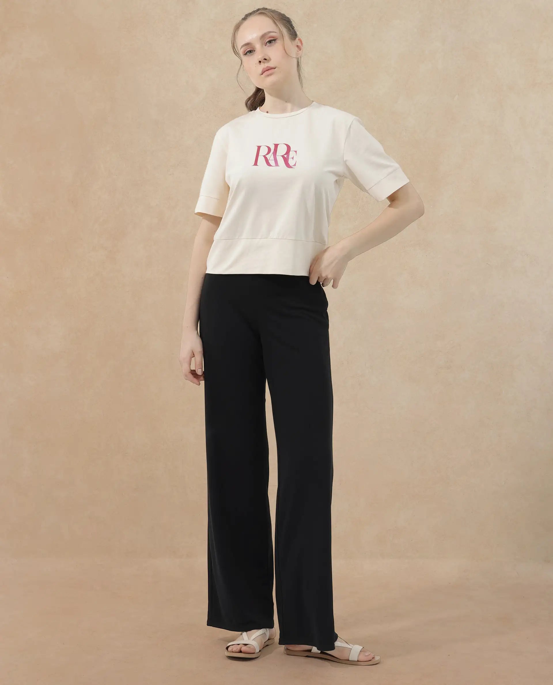 Rareism Women Azel Light Beige Cotton Elastane Fabric Crew Neck Knit Solid T-Shirt