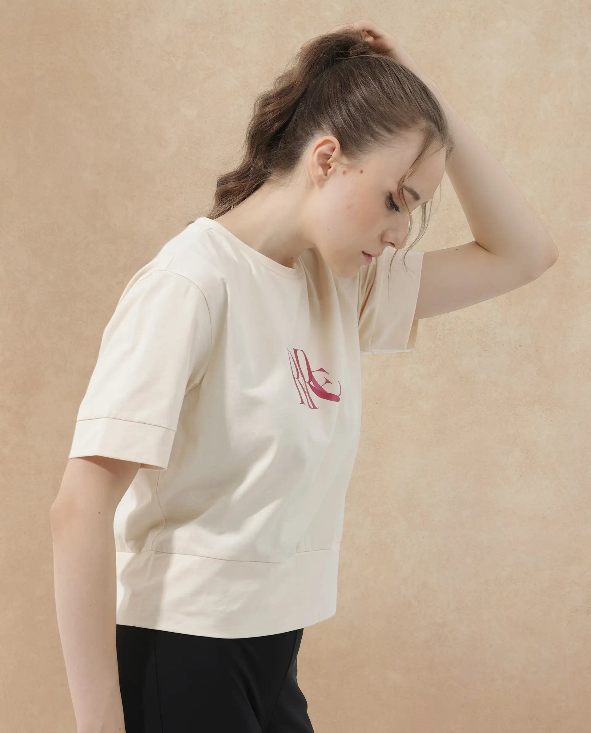 Rareism Women Azel Light Beige Cotton Elastane Fabric Crew Neck Knit Solid T-Shirt