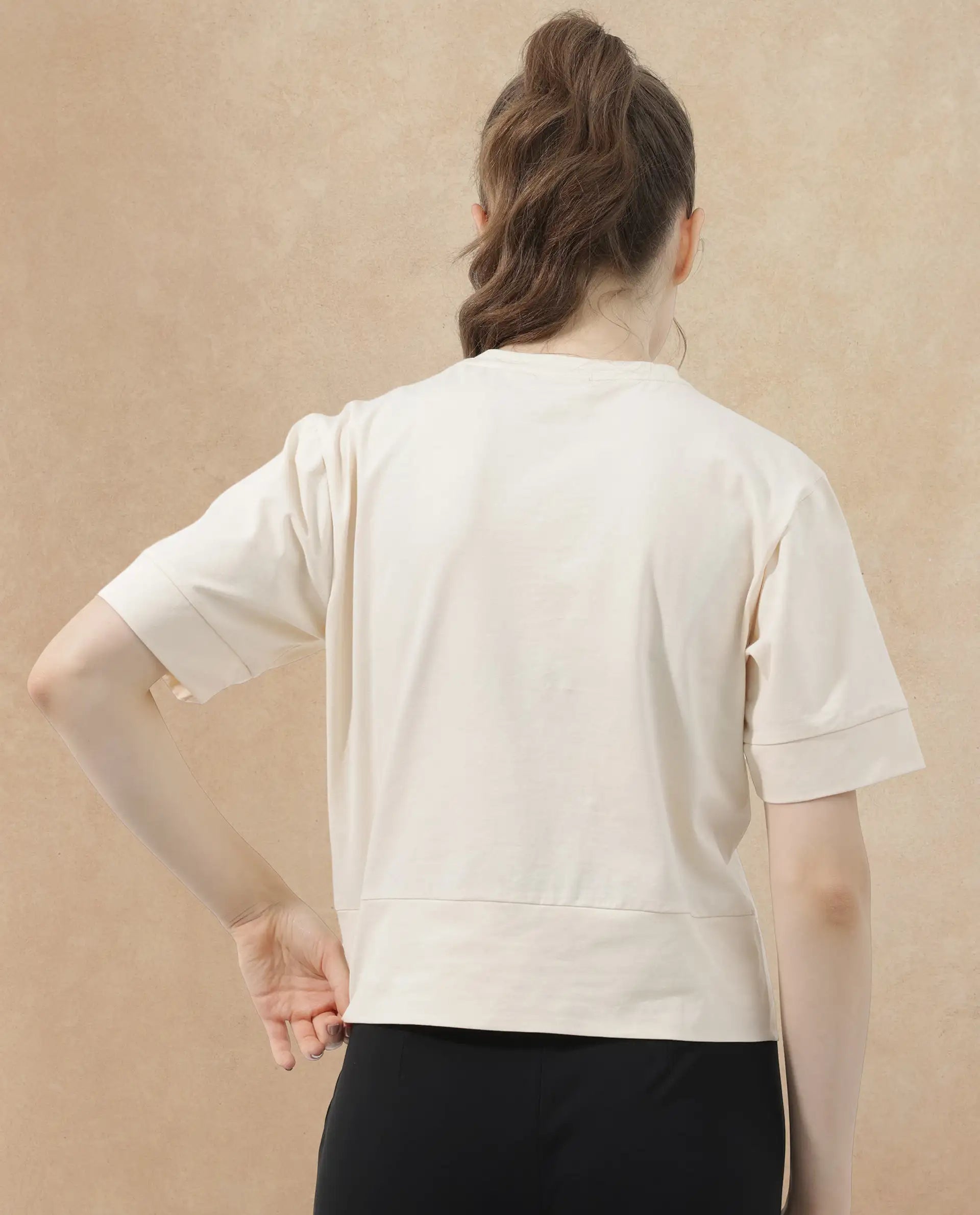 Rareism Women Azel Light Beige Cotton Elastane Fabric Crew Neck Knit Solid T-Shirt