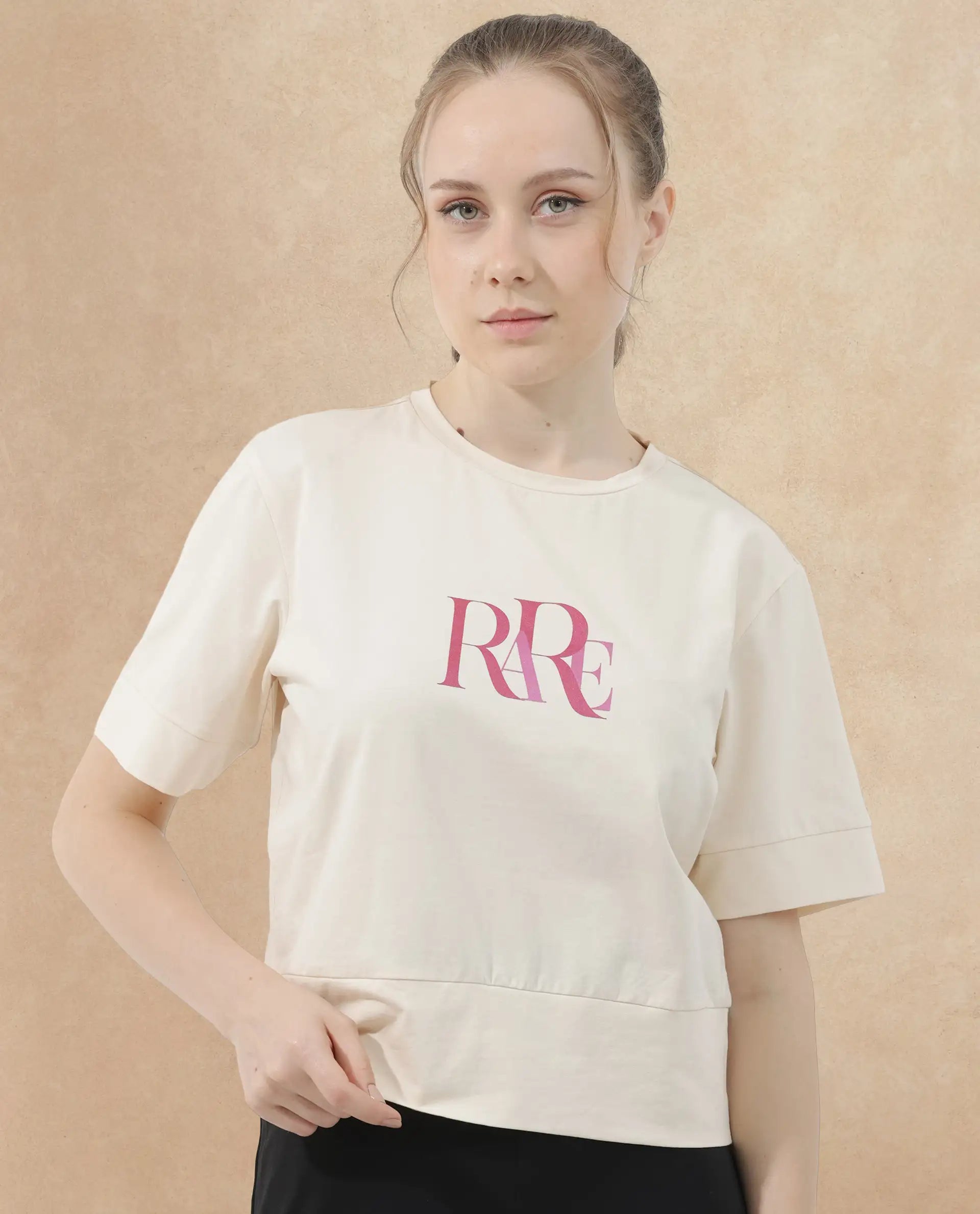 Rareism Women Azel Light Beige Cotton Elastane Fabric Crew Neck Knit Solid T-Shirt