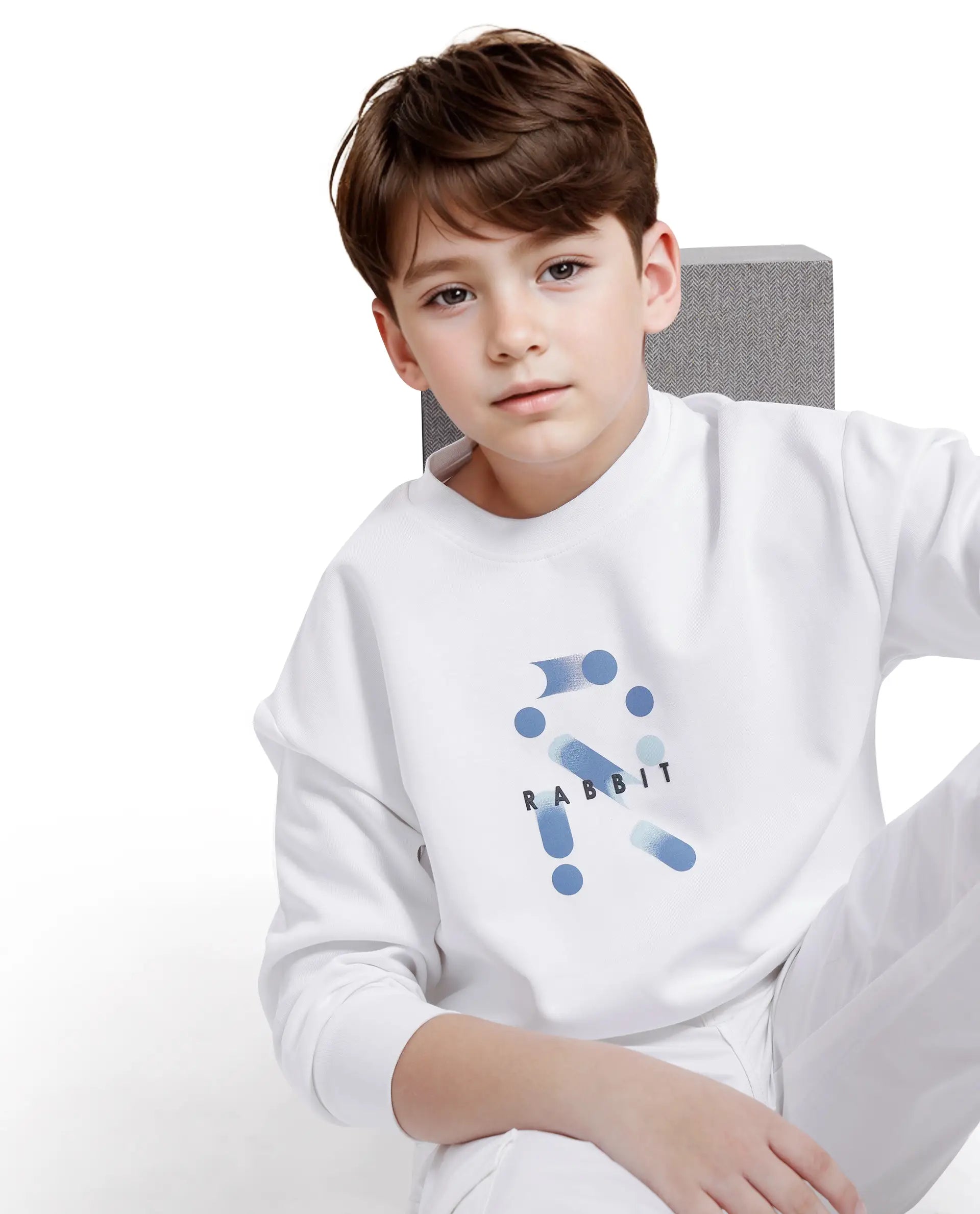 Rare Ones Kids Azen White Cotton Full Sleeve Crew Neck Discharge With HD Logo Print Sweatshirt