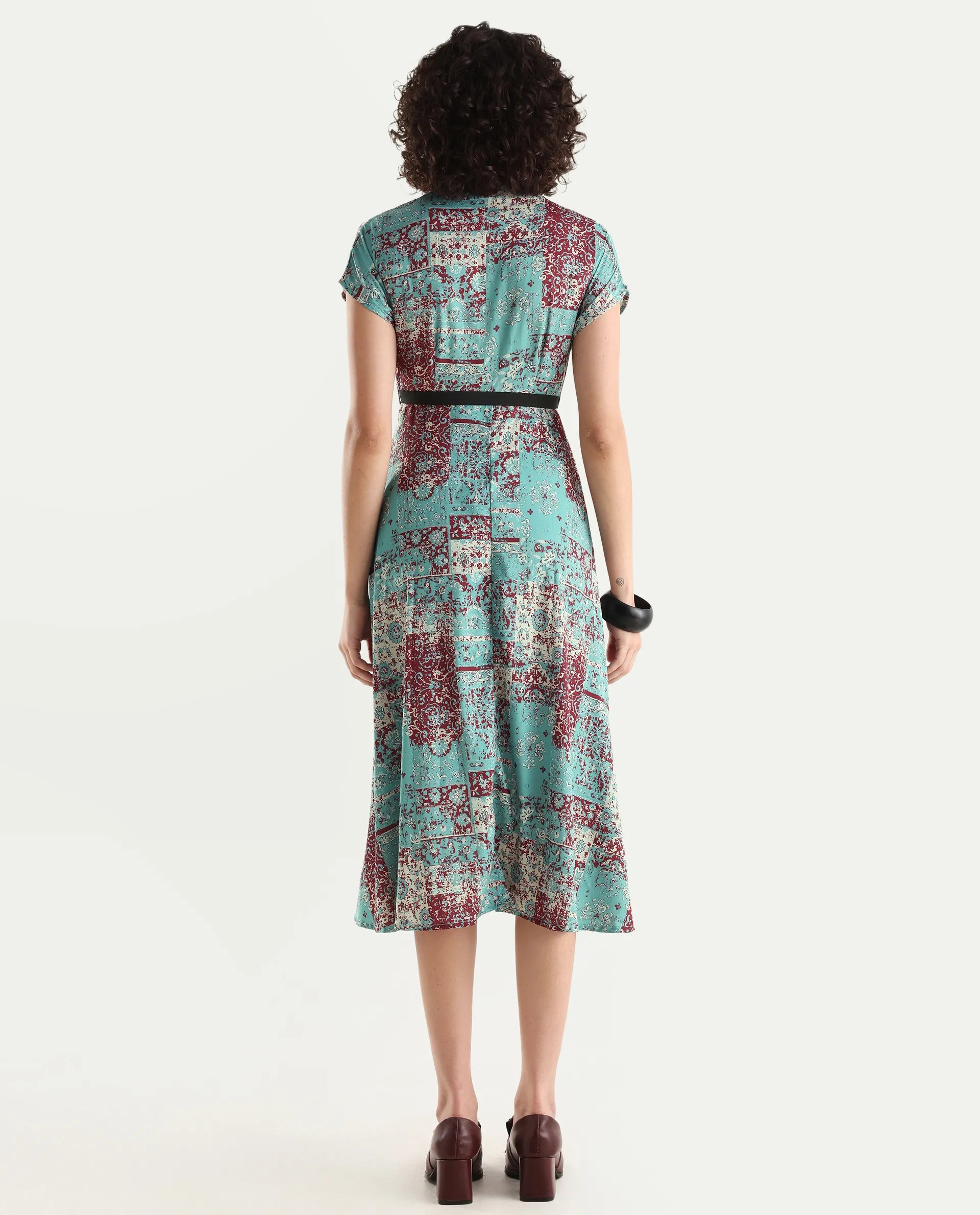 Rareism Women's Azerb Light Multi Satin V-Neck Bandana Print Extended Sleeves Midi A-Line Dress