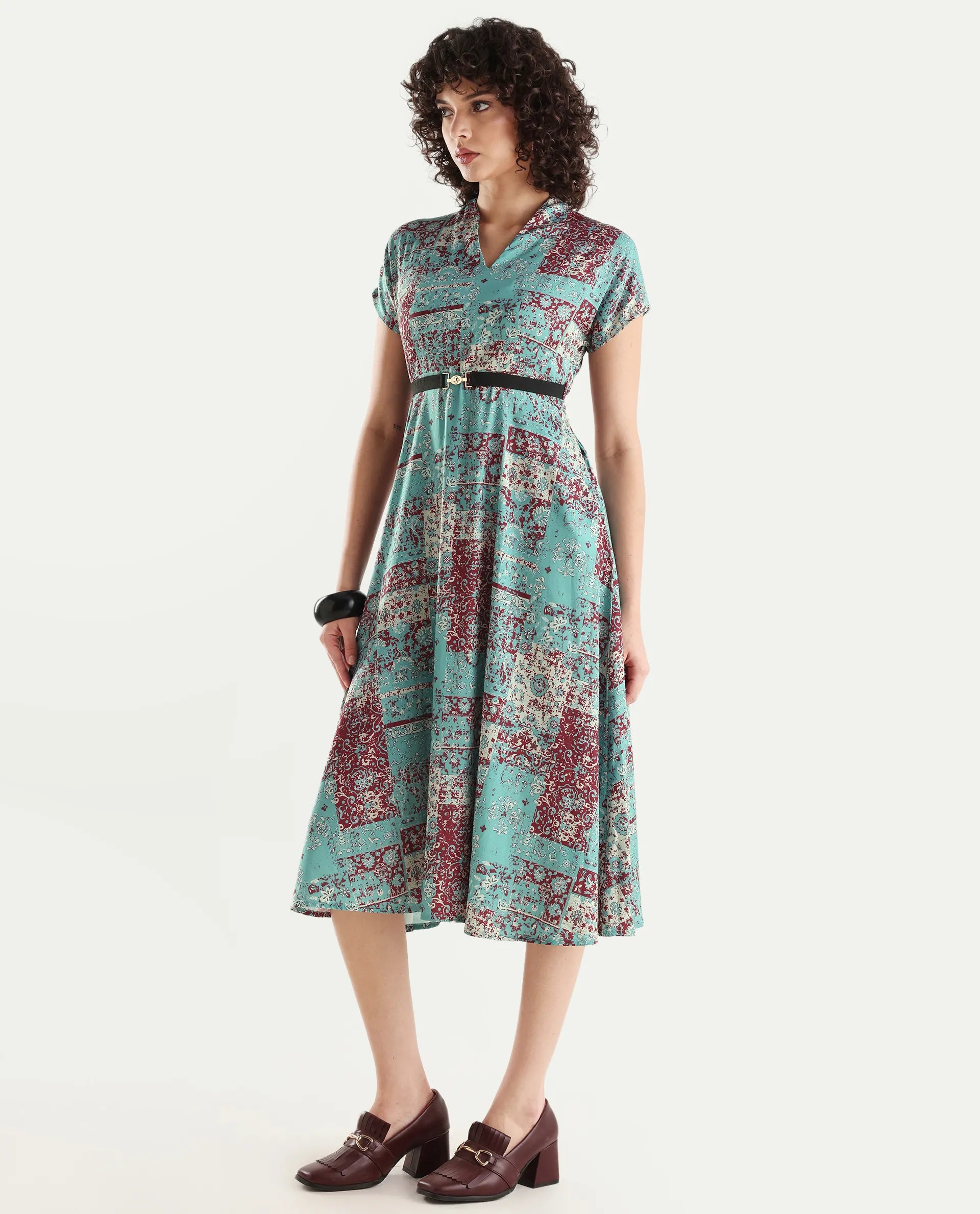 Rareism Women's Azerb Light Multi Satin V-Neck Bandana Print Extended Sleeves Midi A-Line Dress