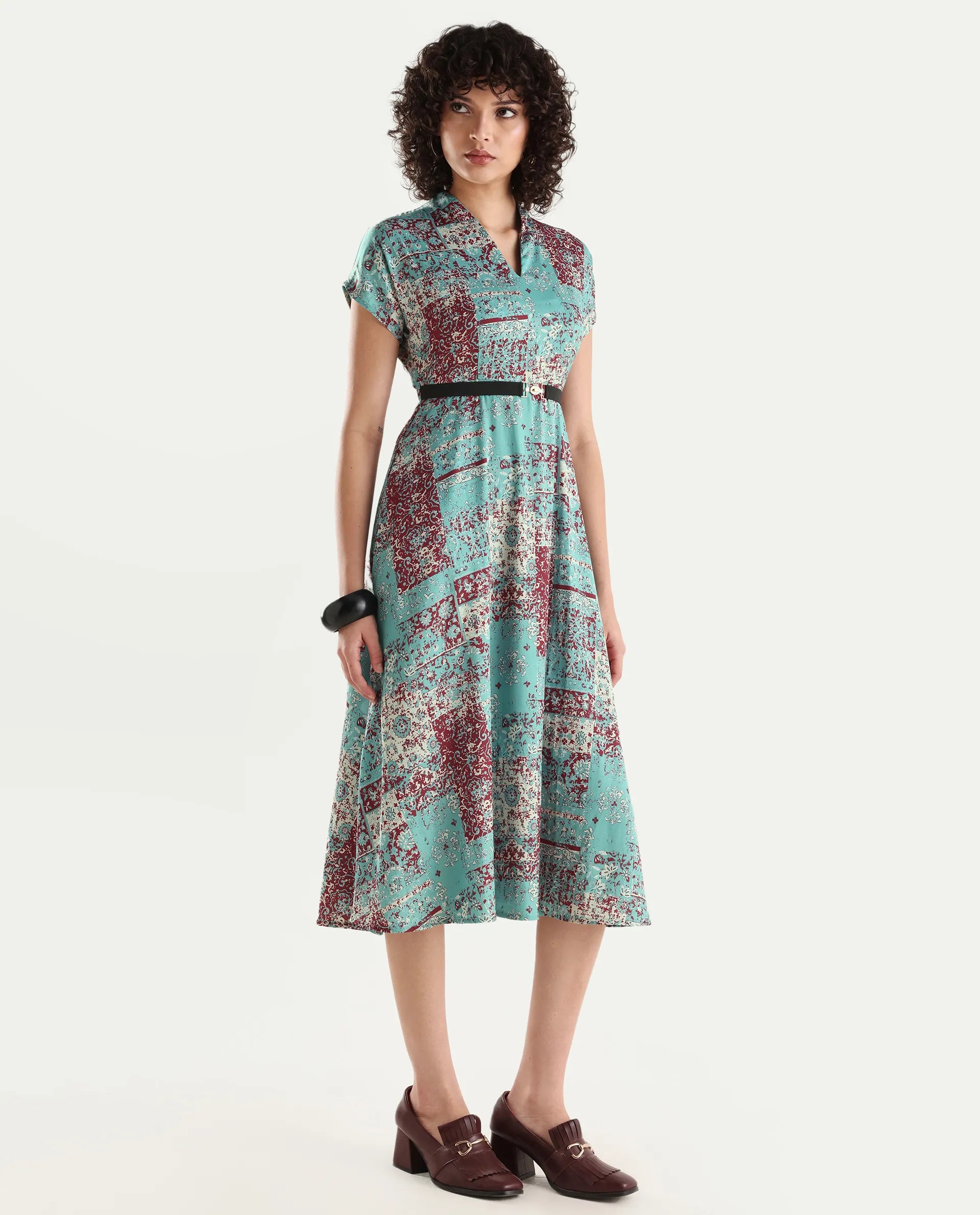 Rareism Women's Azerb Light Multi Satin V-Neck Bandana Print Extended Sleeves Midi A-Line Dress