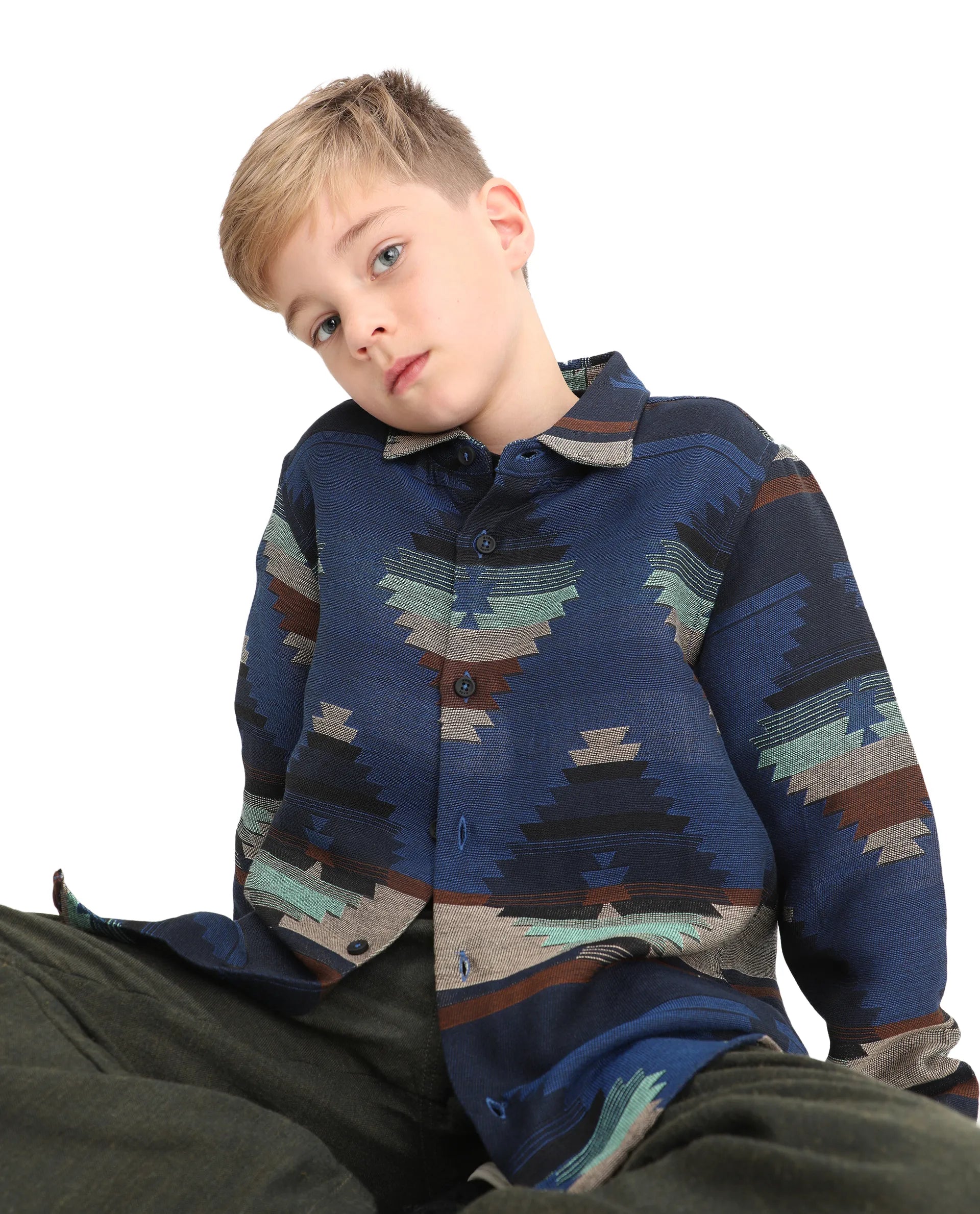 Rare Ones Kids Azlo-K Blue Cotton Blend Button Closure Spread Collar Jacquard Full Sleeves Oversized Fit Shirt