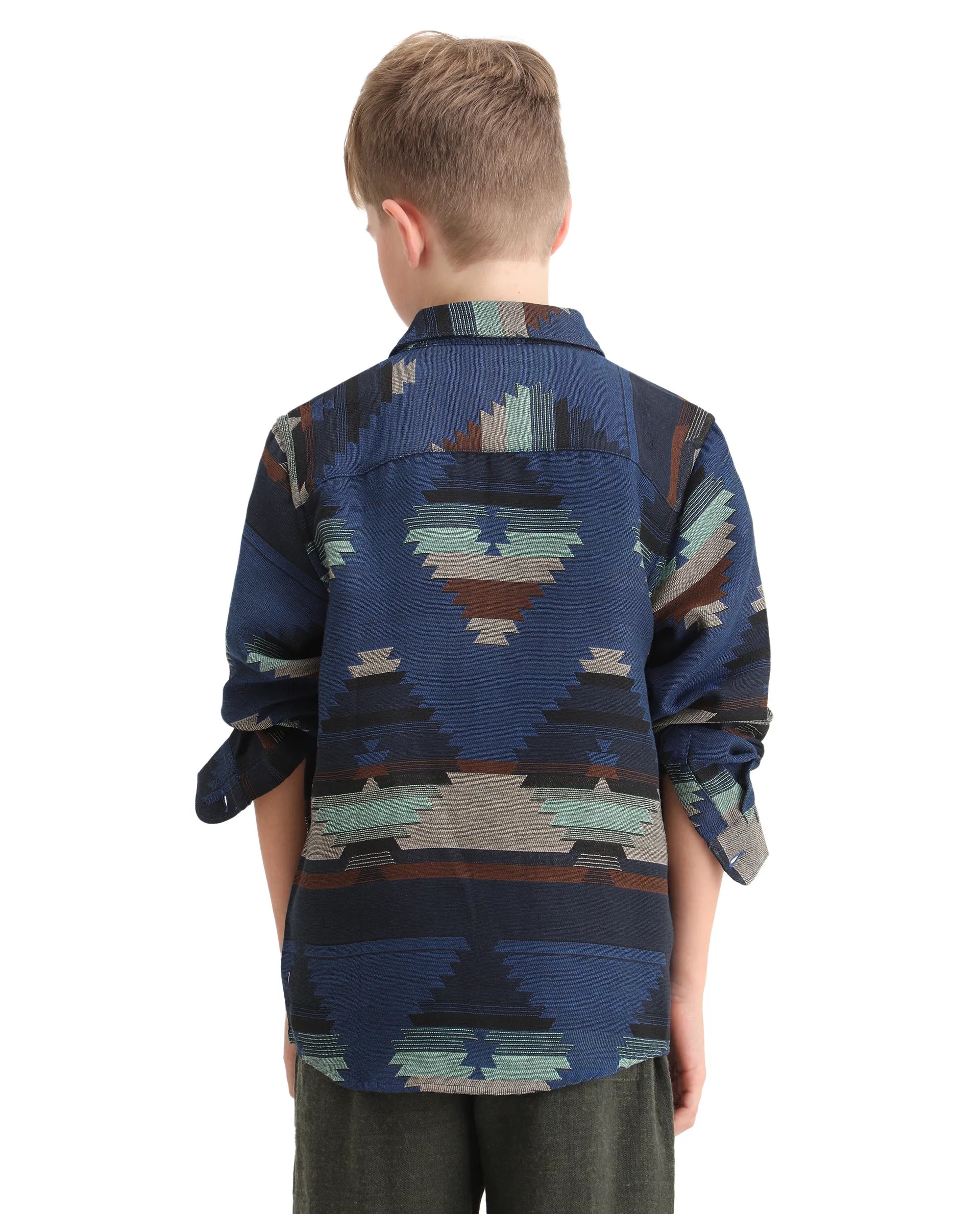 Rare Ones Kids Azlo-K Blue Cotton Blend Button Closure Spread Collar Jacquard Full Sleeves Oversized Fit Shirt