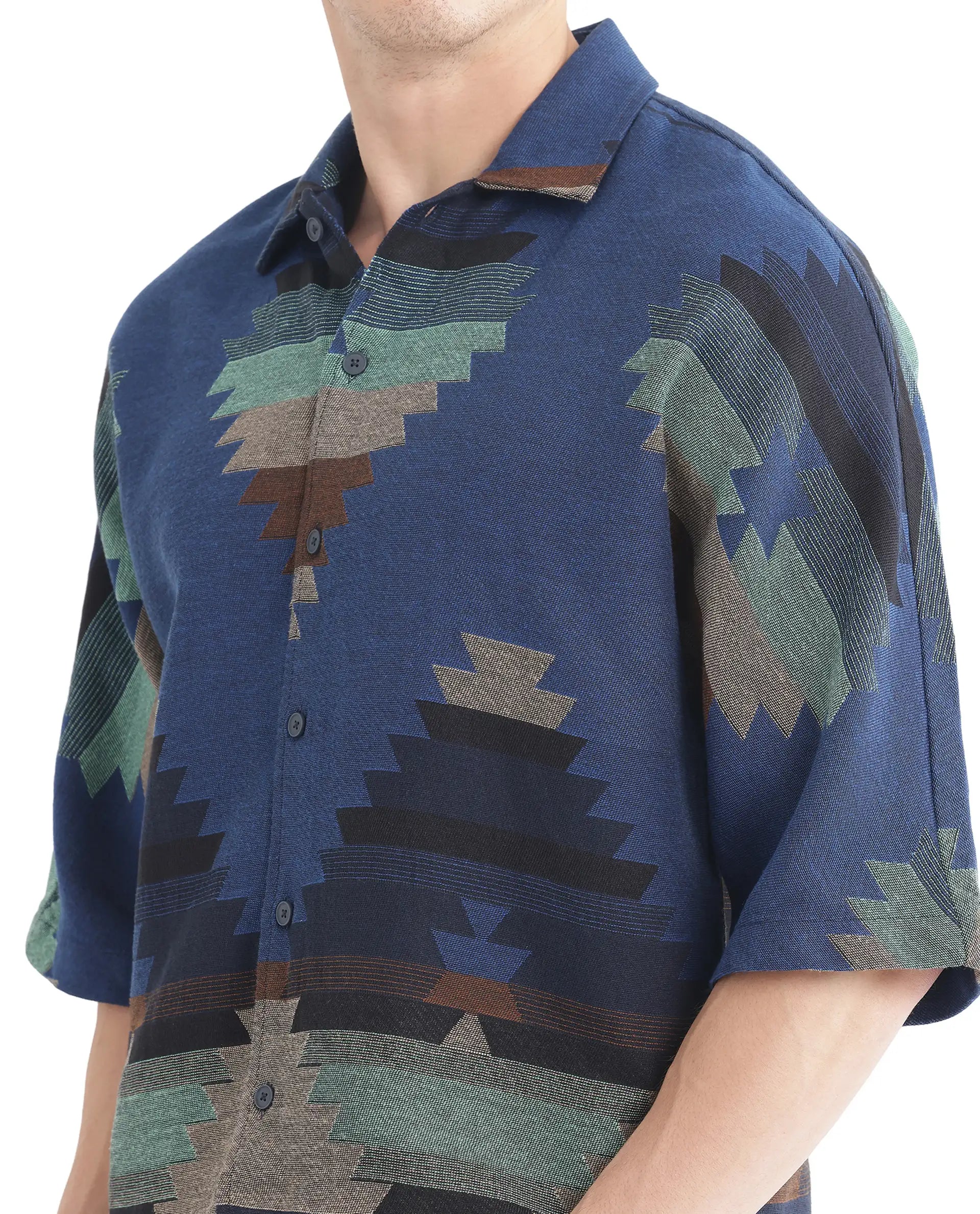 Rare Rabbit Men's Azlo Dark Navy Cotton Fabric Short Sleeve Regular Collared Button Closure Boxy Fit Jacquard Shirt