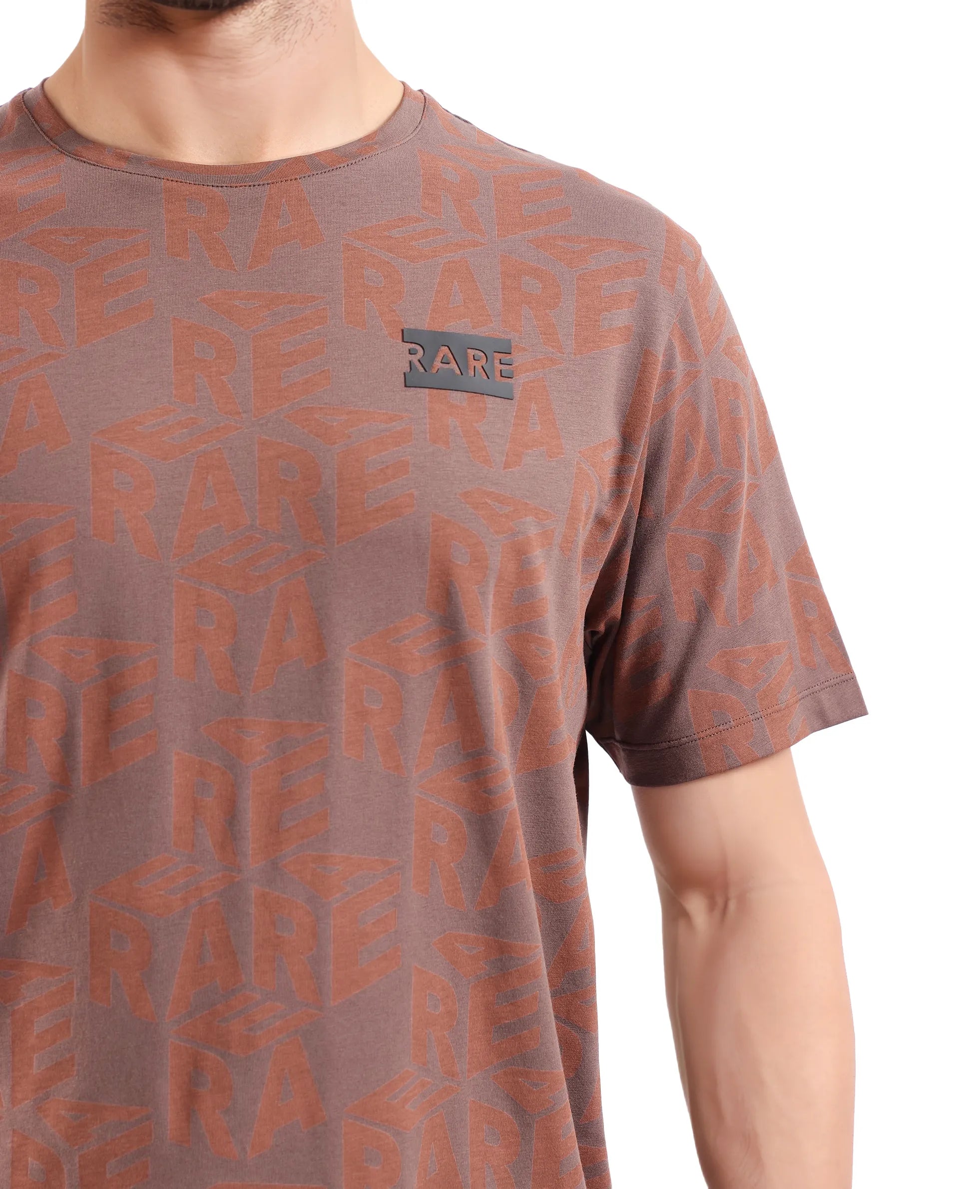 Rare Rabbit Men Azo Dark Brown Short Sleeve Crew Neck Branded Graphic Print T-Shirt