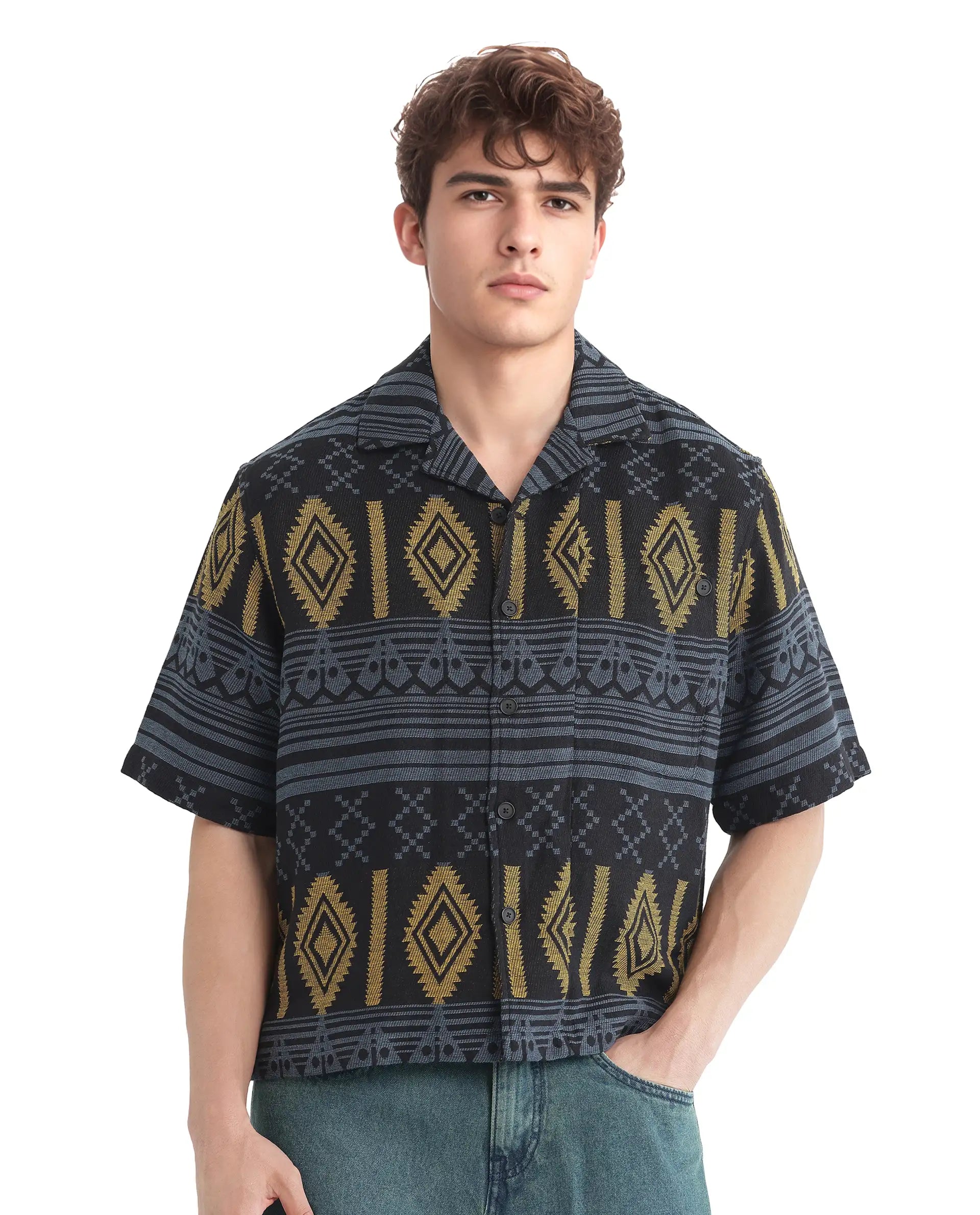 Rare Rabbit Men's Aztek Teal Cotton Jacquard Boxy Fit Half Sleeve Cuban Collar Shirt