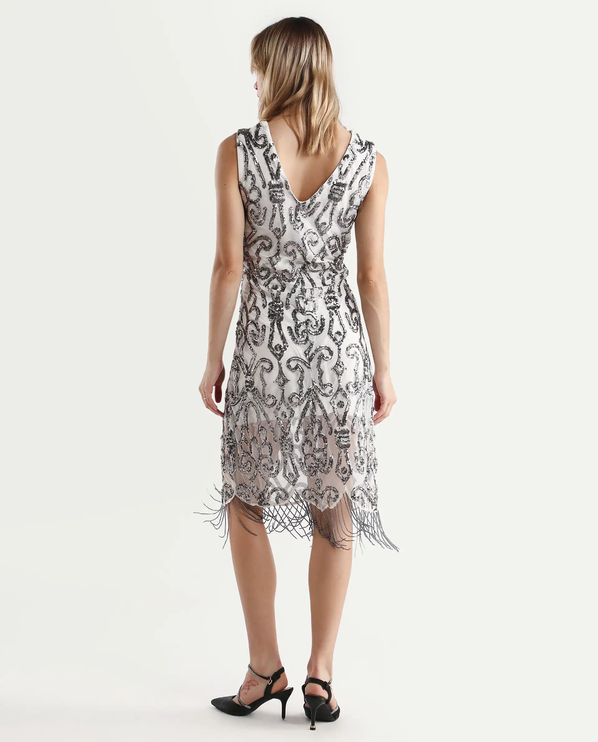 Rareism Women's Aztex Metallic Grey V-Neck Plain Shoulder Strap Mini Bodycon Dress