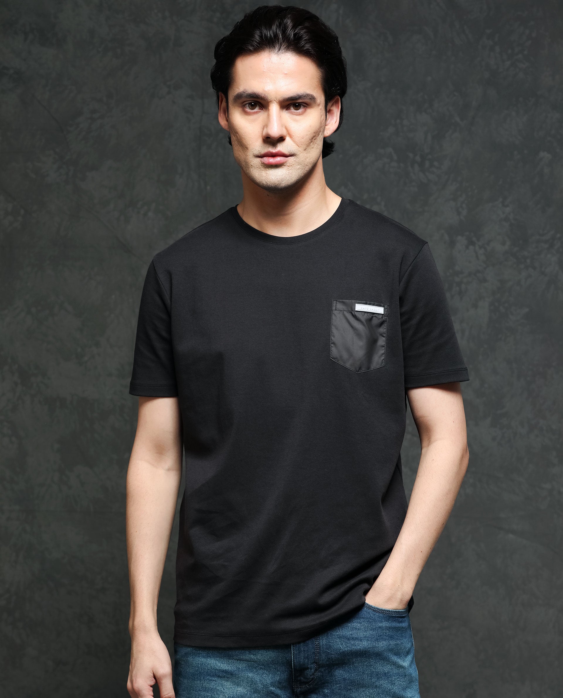 Rare Rabbit Men's Azul Black Cotton Plain Slim Fit Half Sleeve Crew Neck T-Shirt