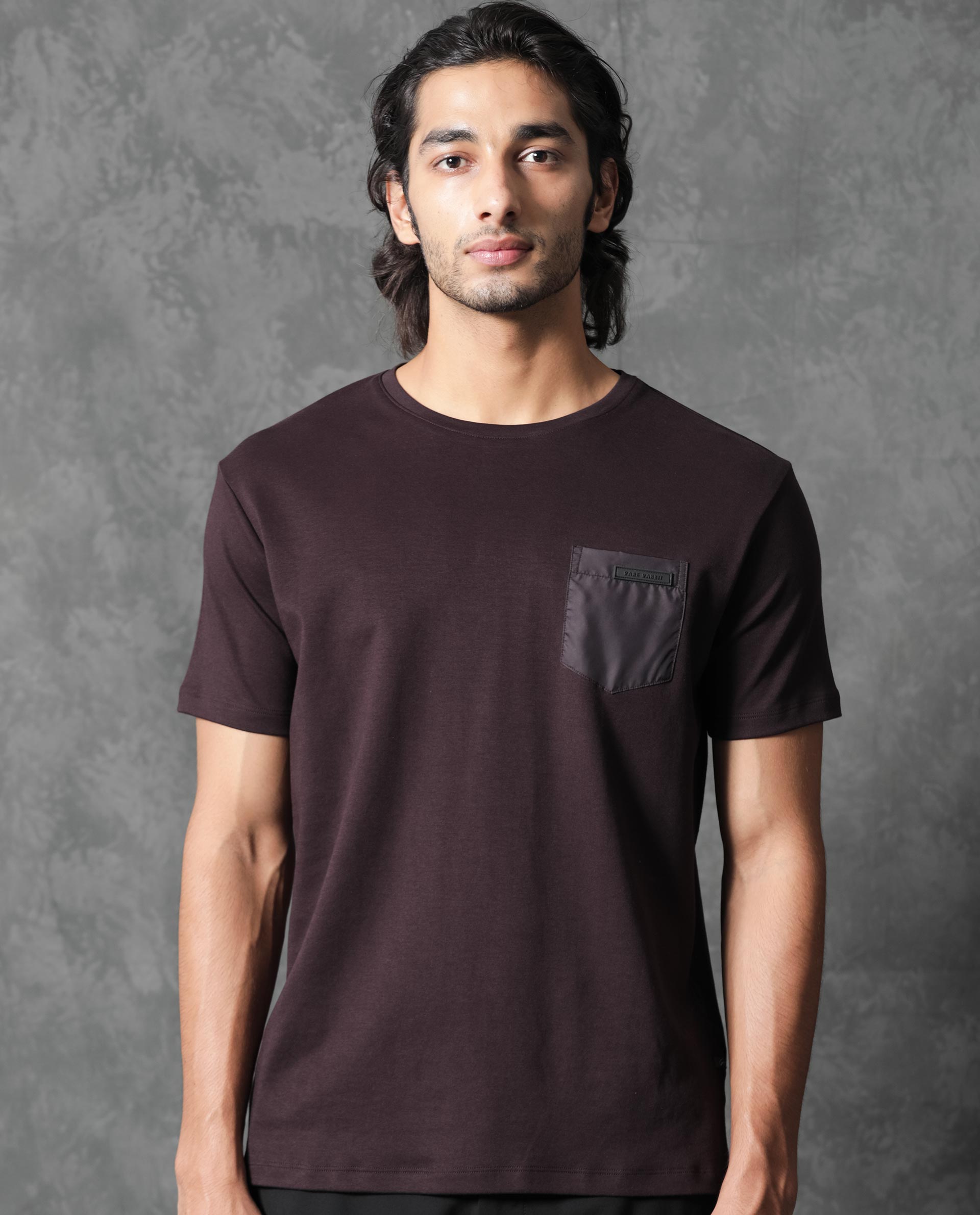 Rare Rabbit Men's Azul Maroon Crew Neck With Contrast Nylon Pocket Half Sleeves T-Shirt