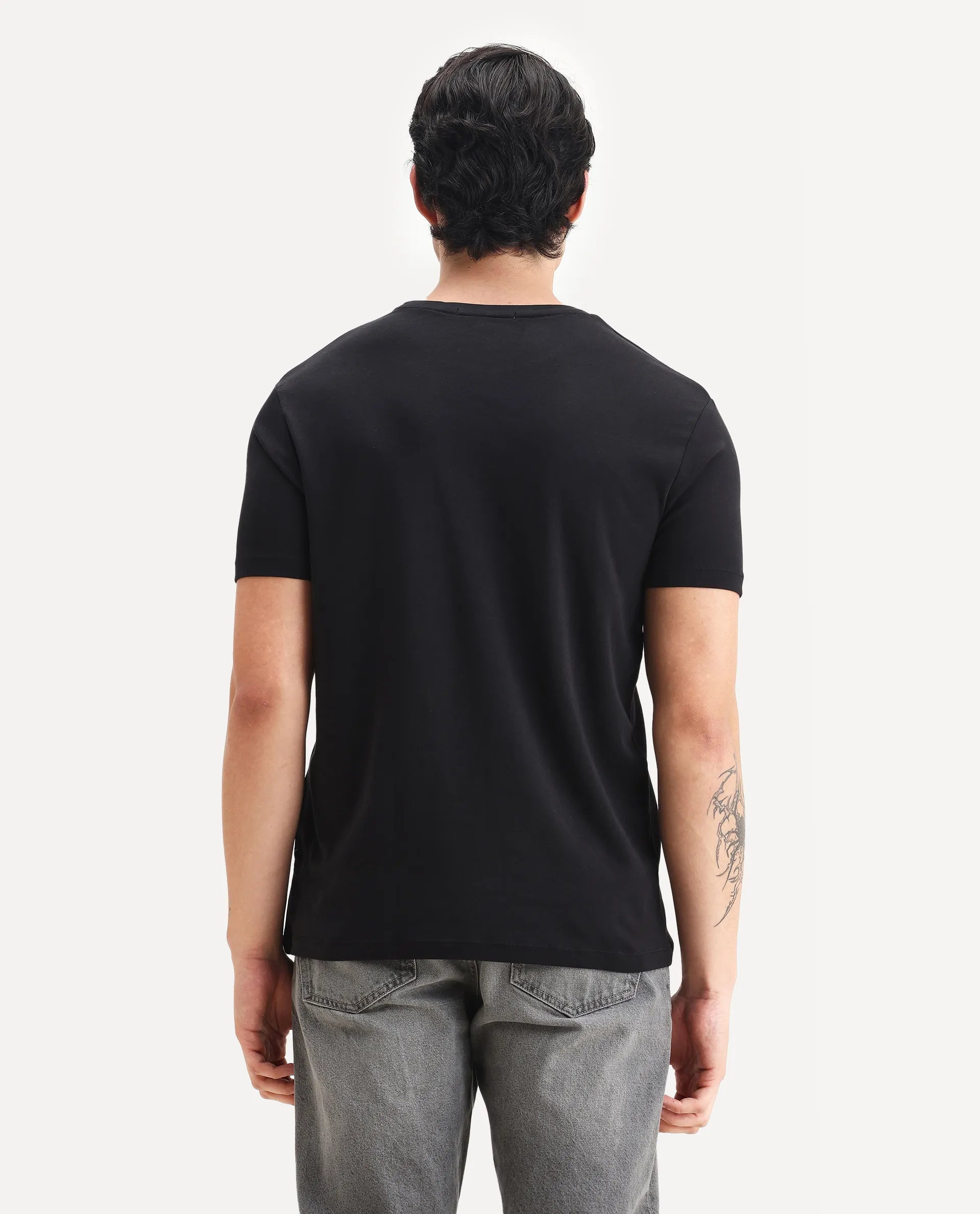 Rare Rabbit Men's Azul Black Cotton Plain Slim Fit Half Sleeve Crew Neck T-Shirt