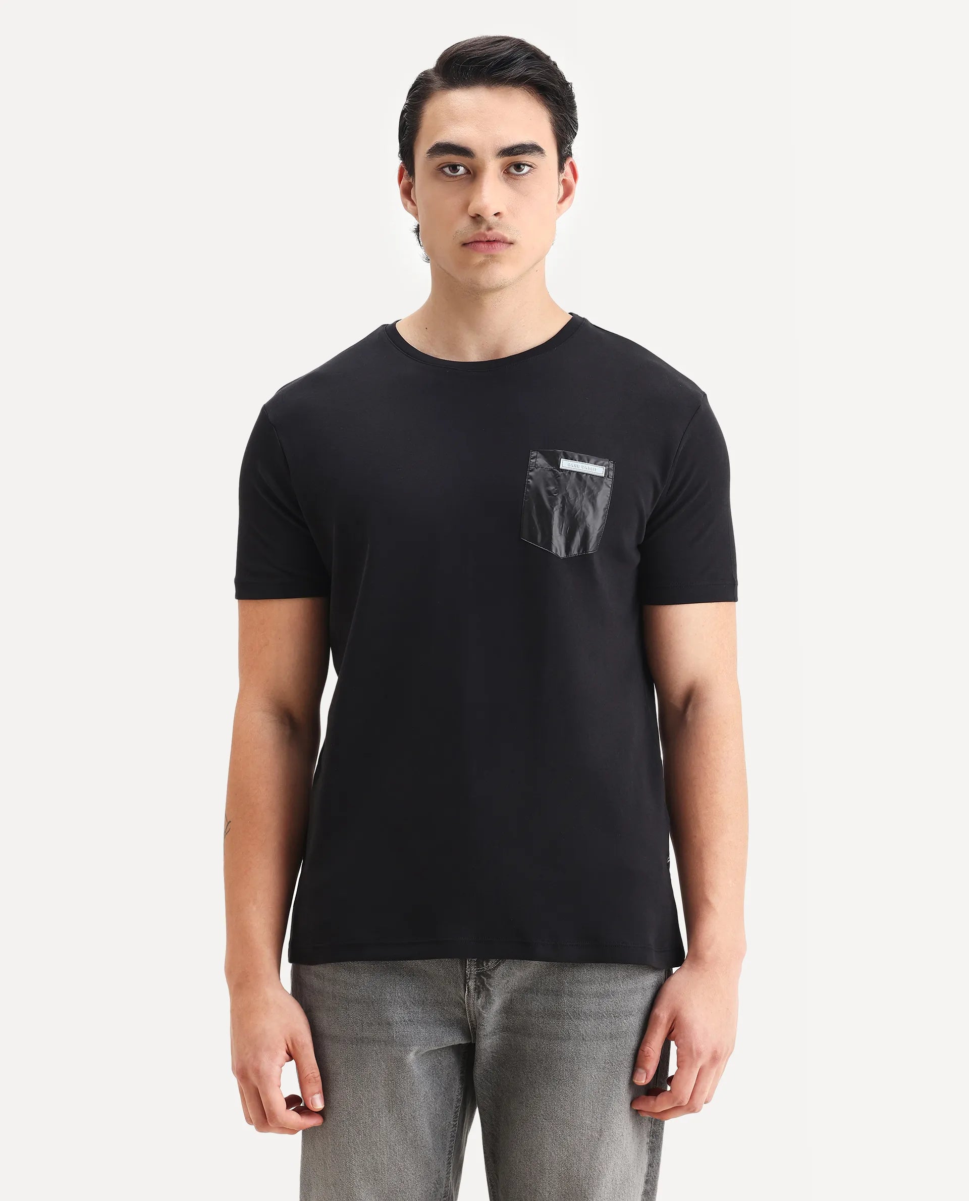 Rare Rabbit Men's Azul Black Cotton Plain Slim Fit Half Sleeve Crew Neck T-Shirt