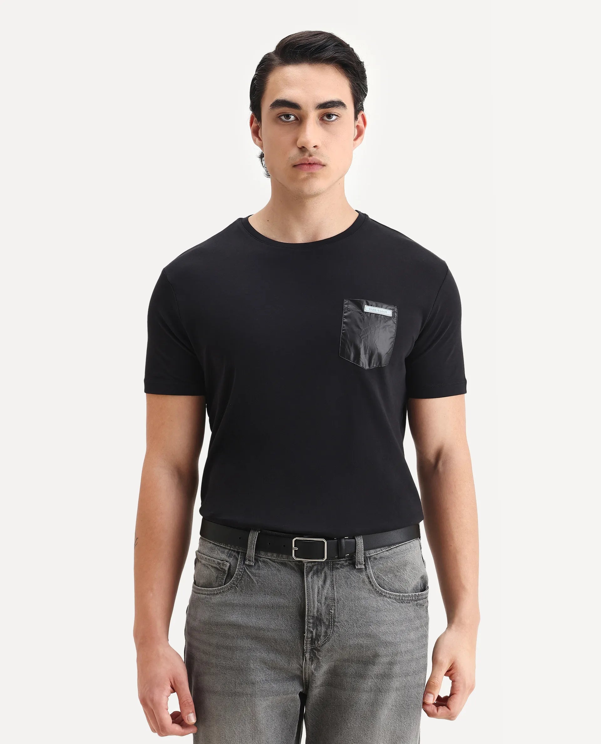 Rare Rabbit Men's Azul Black Cotton Plain Slim Fit Half Sleeve Crew Neck T-Shirt