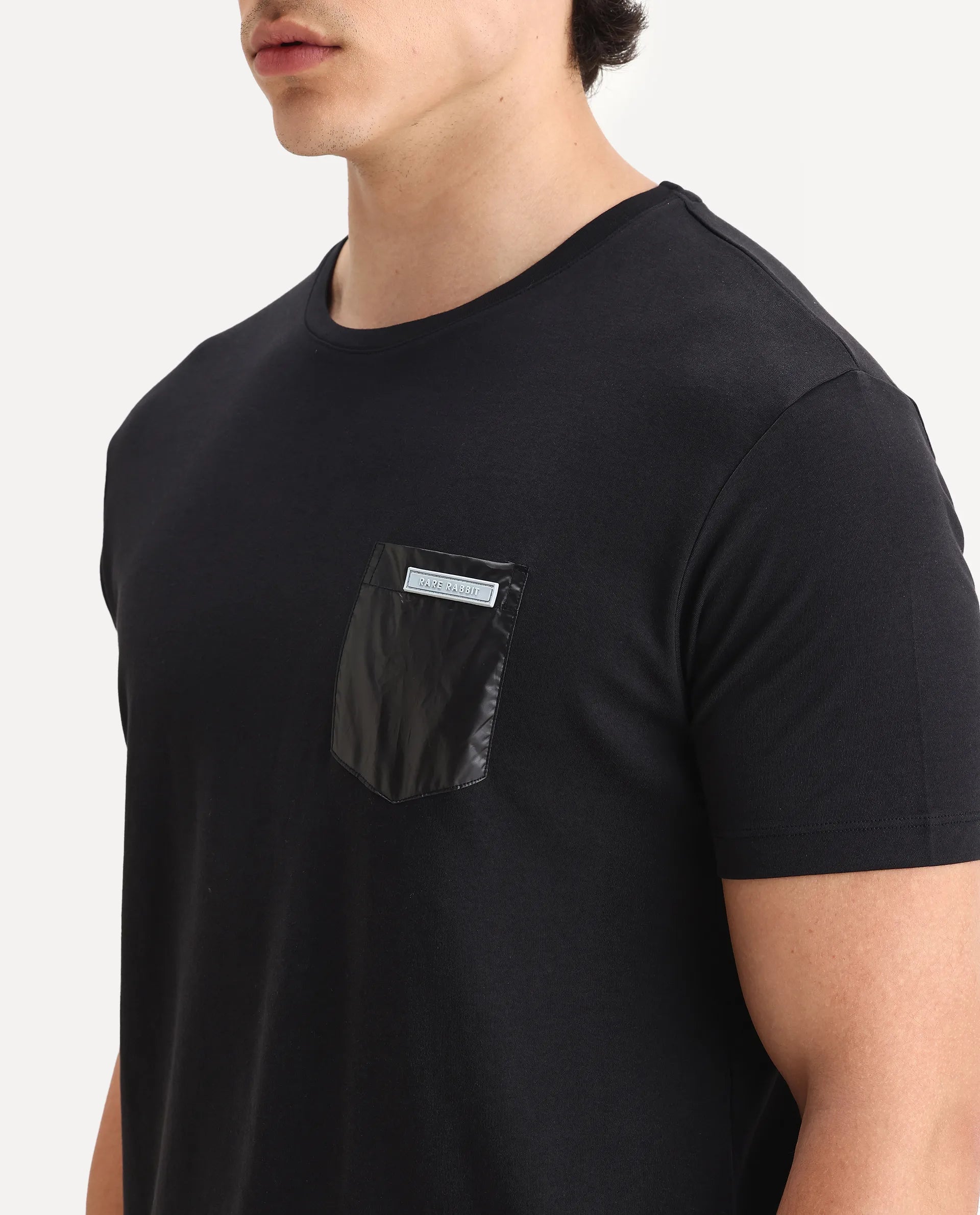 Rare Rabbit Men's Azul Black Cotton Plain Slim Fit Half Sleeve Crew Neck T-Shirt