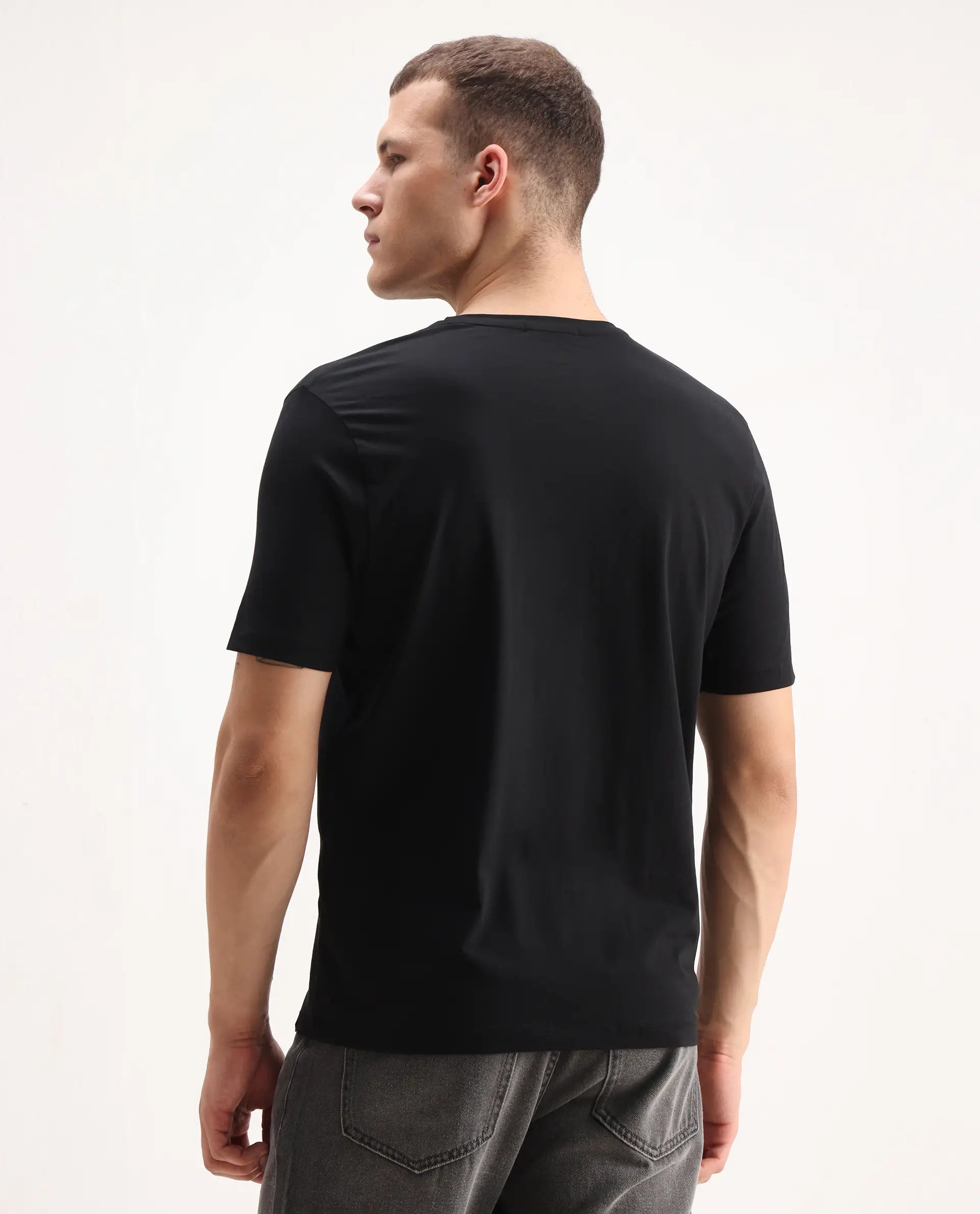 Rare Rabbit Men's Azzo Black Cotton Blend Graphic Print Regular Fit Half Sleeve Crew Neck T-Shirt