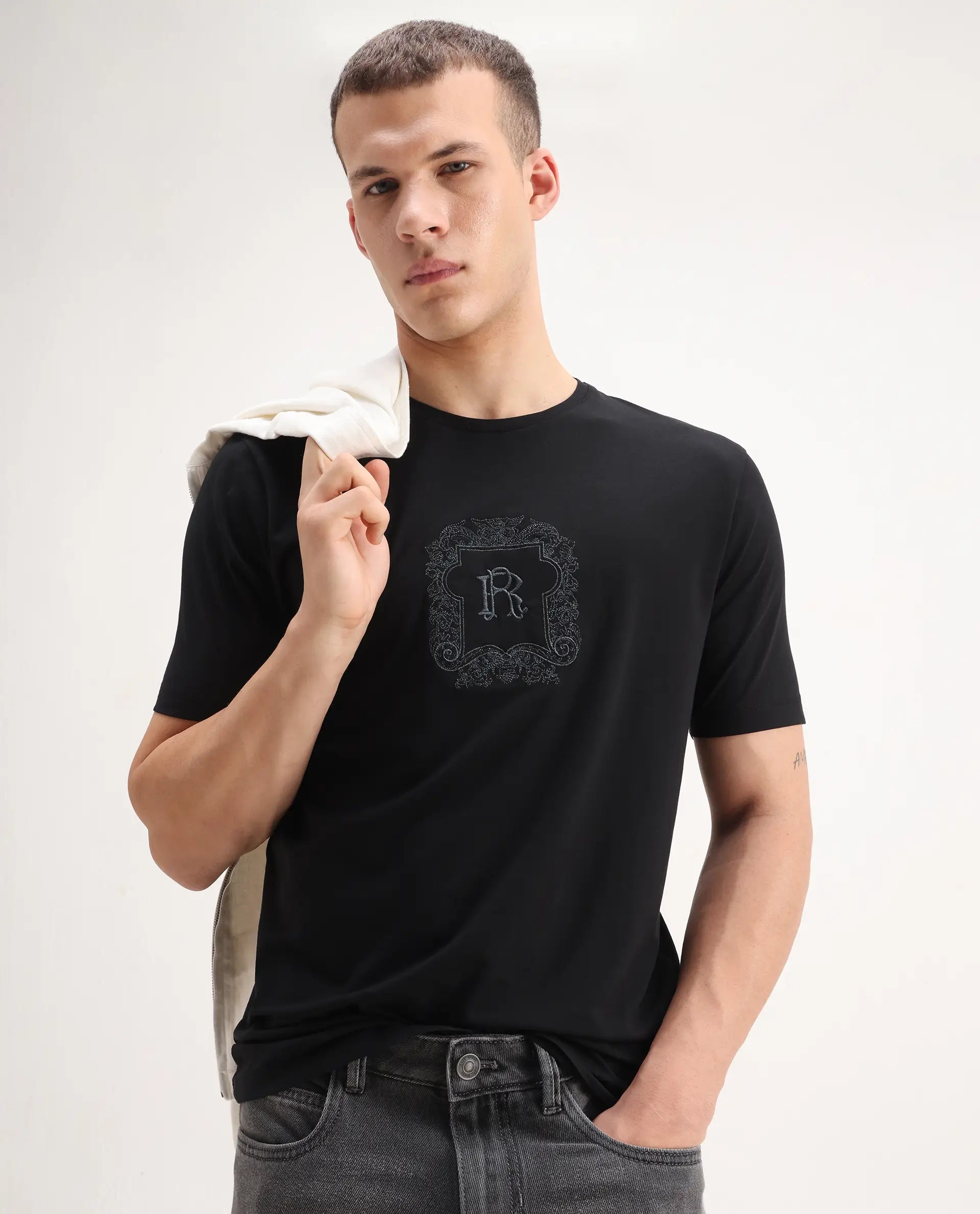 Rare Rabbit Men's Azzo Black Cotton Blend Graphic Print Regular Fit Half Sleeve Crew Neck T-Shirt