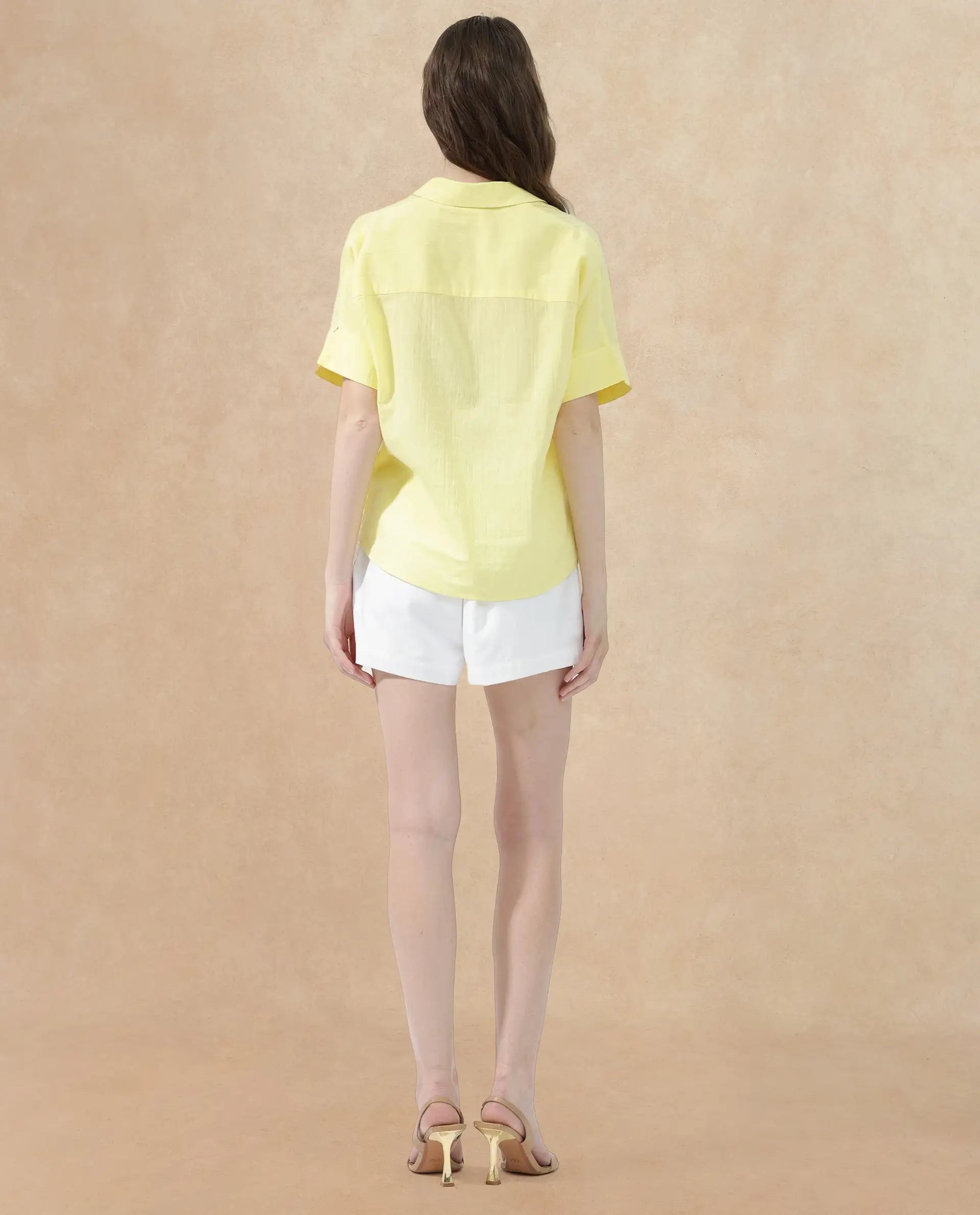 Rareism Women's Azzure Yellow Cotton Drop Collar Plain Extended Sleeves Boxy Fit Top