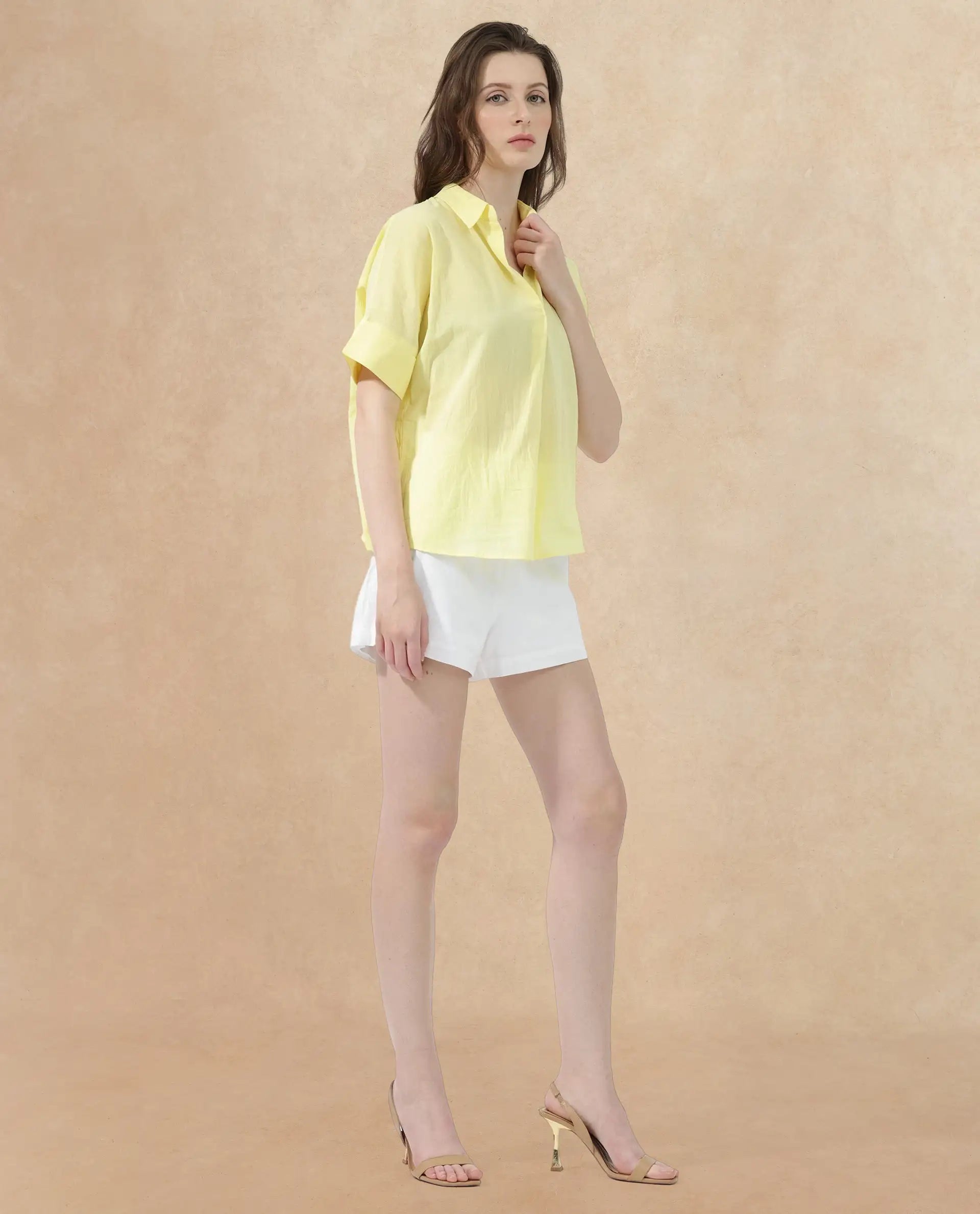 Rareism Women's Azzure Yellow Cotton Drop Collar Plain Extended Sleeves Boxy Fit Top