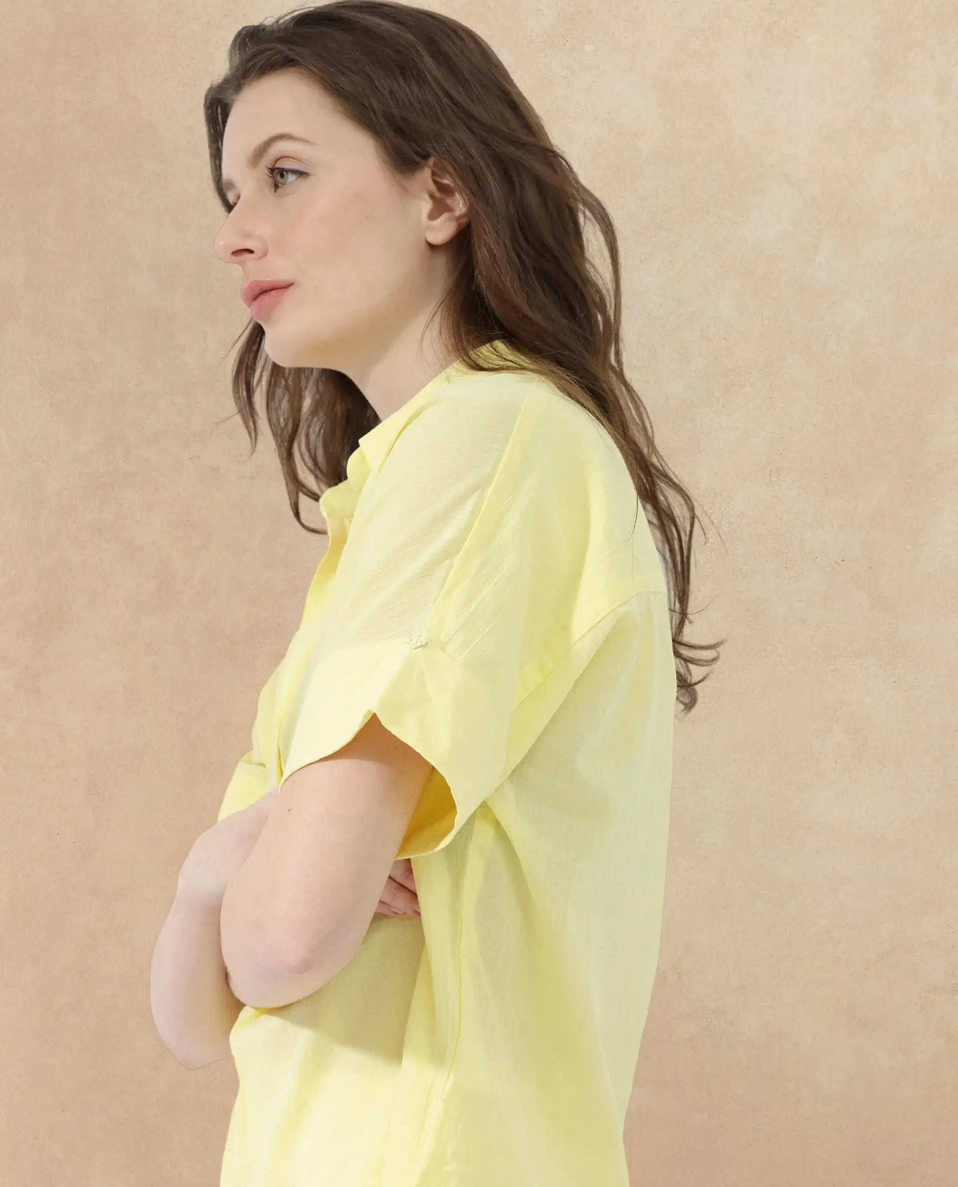 Rareism Women's Azzure Yellow Cotton Drop Collar Plain Extended Sleeves Boxy Fit Top