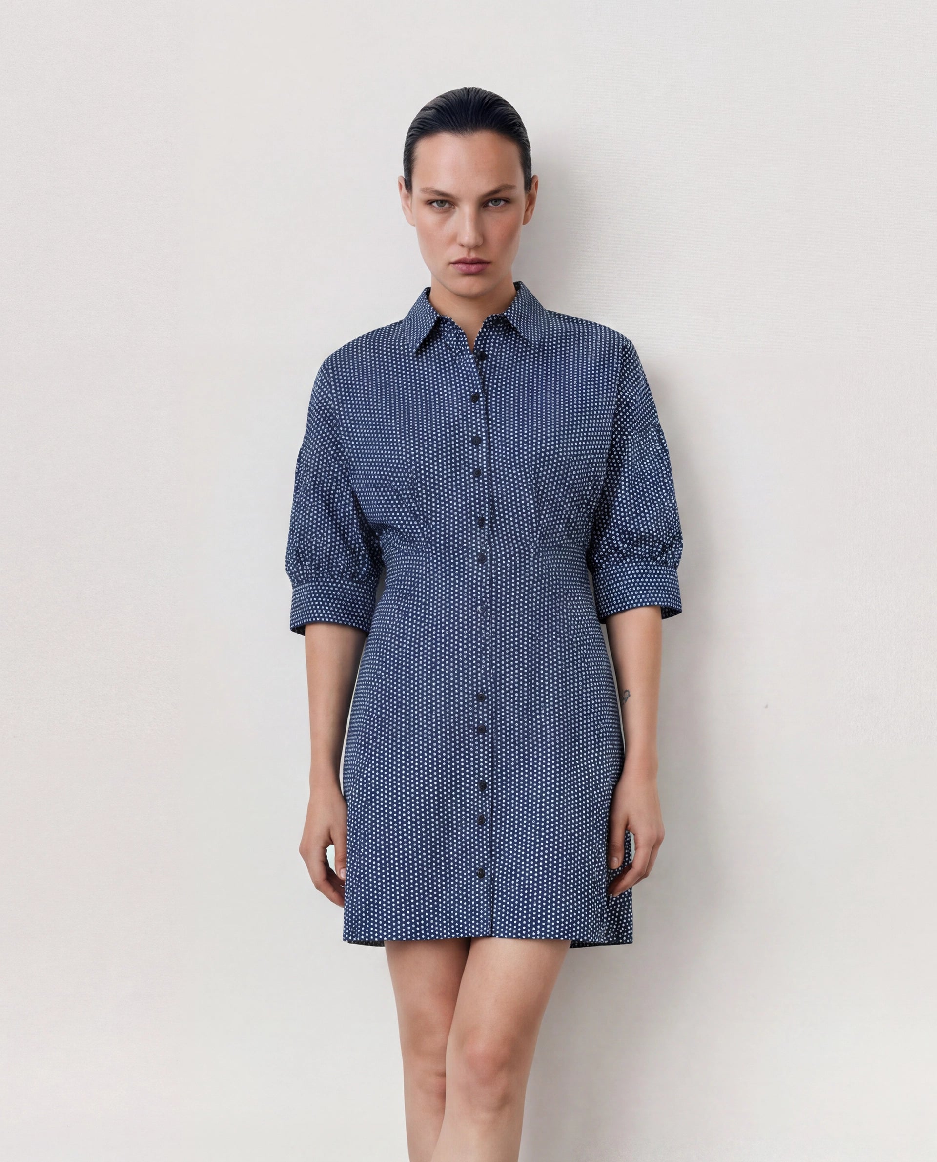 Rareism Women's Aiday Dark Drop Collar Polka Print Cuffed Sleeve Mini Regular Fit Dress