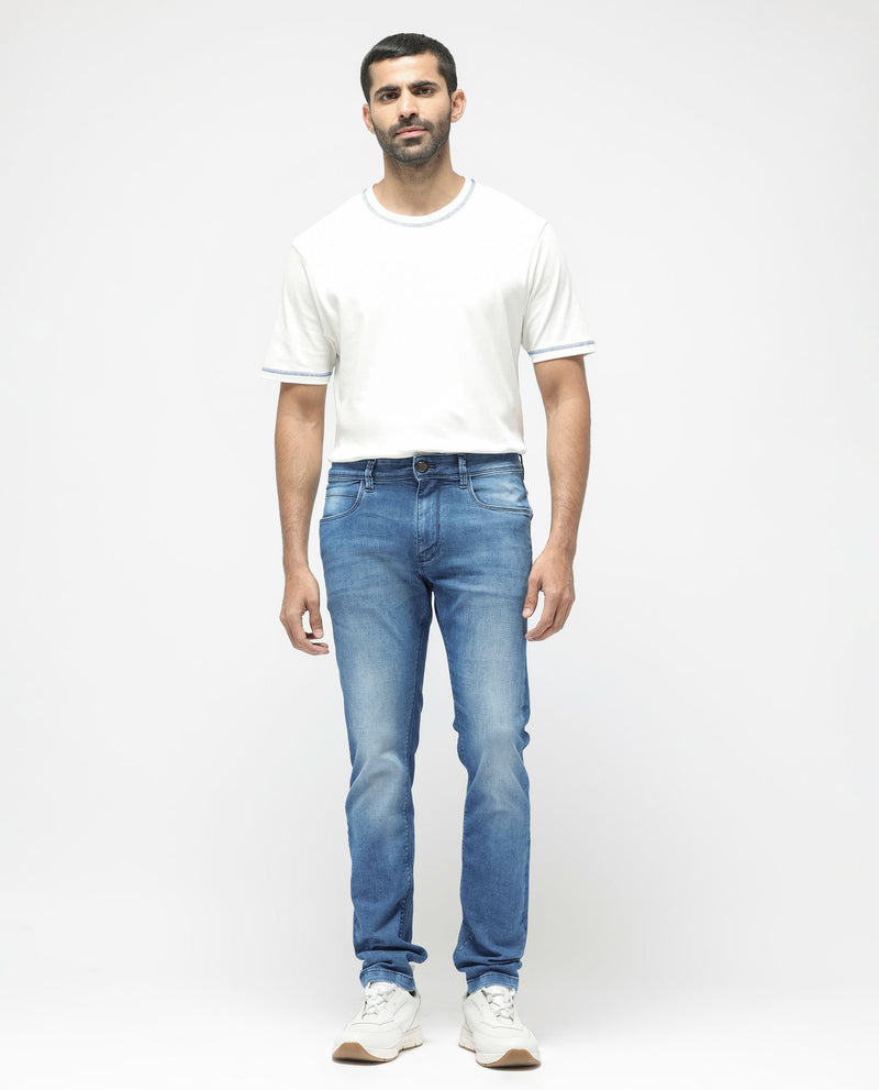Rare Rabbit Men's Arbok Blue Mid Wash Mid Rise Slim Fit Jeans