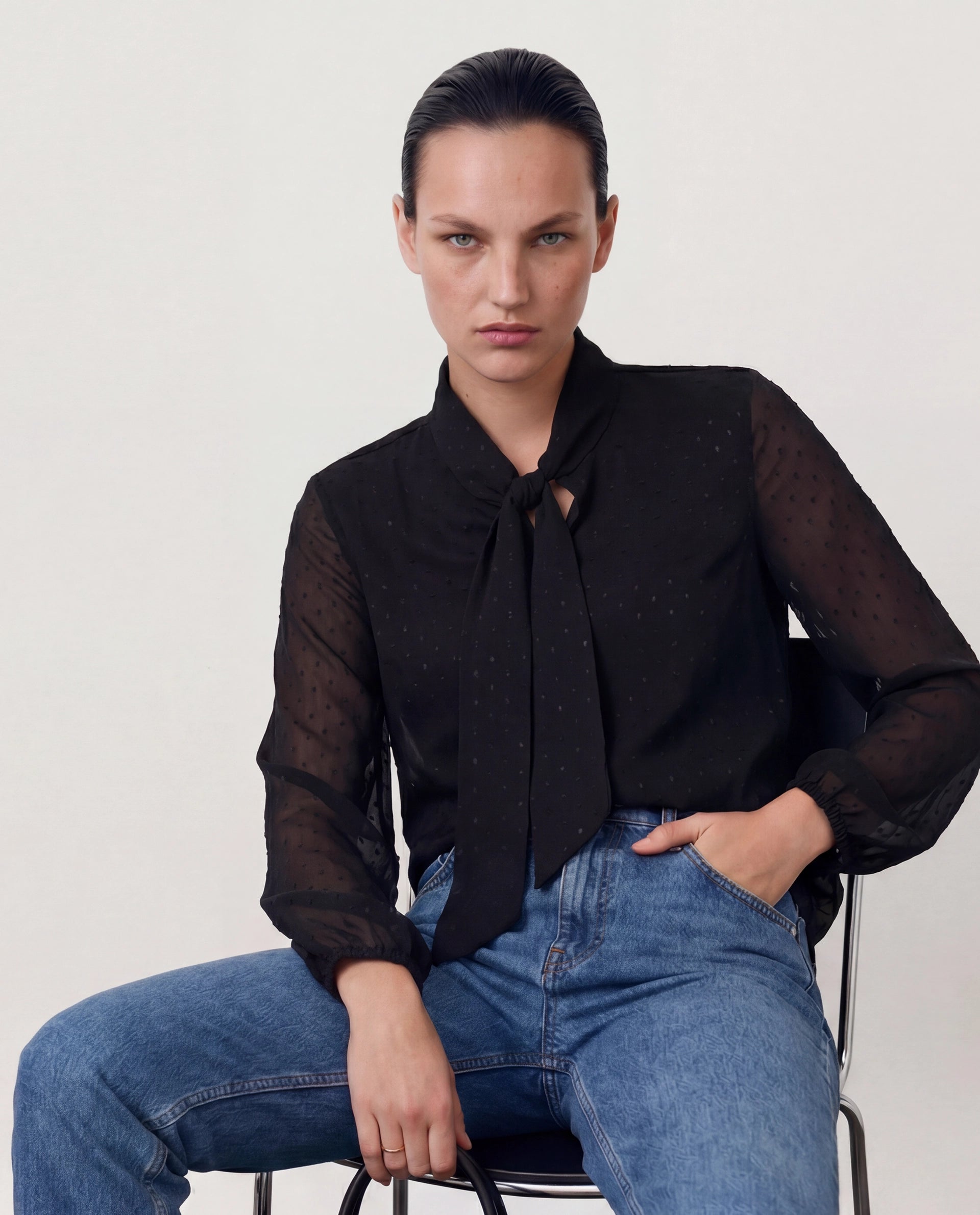 Rareism Women's Avix Black Polyester Tie-Up Neck Regular Fit Top