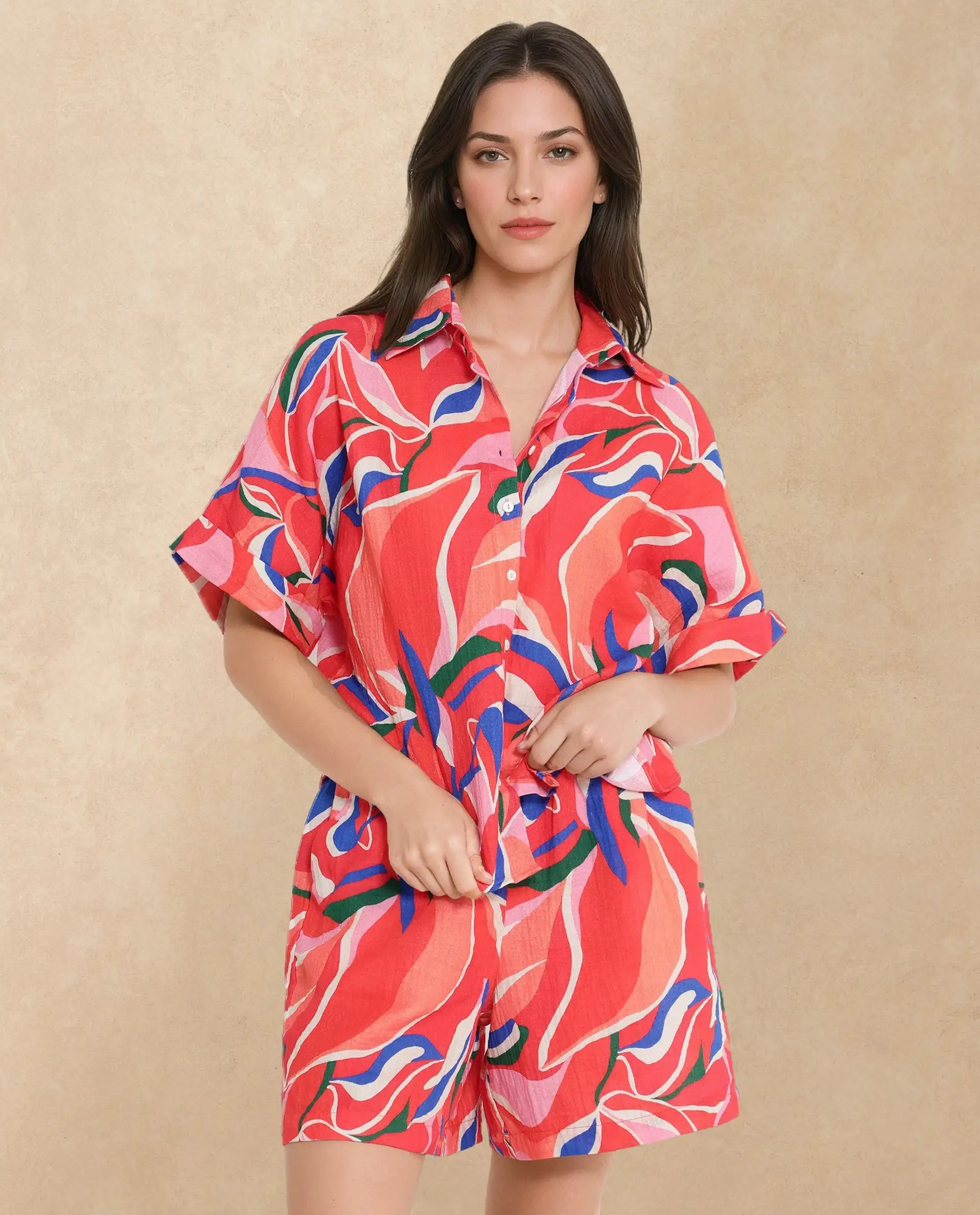 Rareism Women Babuto-T-SC Multi Short Sleeve Tie-Up Neck Button Closure Abstract Print Shirt