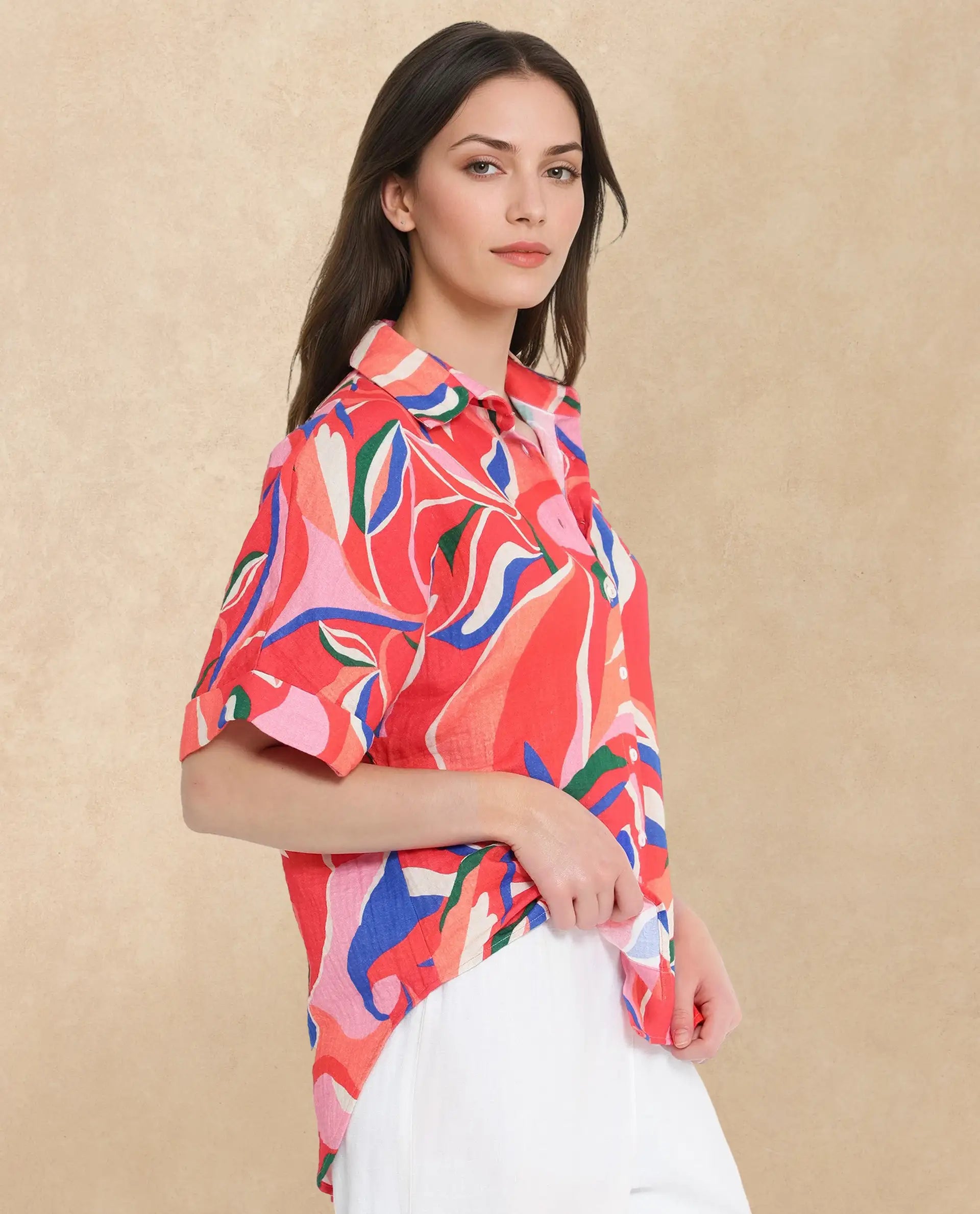 Rareism Women Babuto-T-SC Multi Short Sleeve Tie-Up Neck Button Closure Abstract Print Shirt