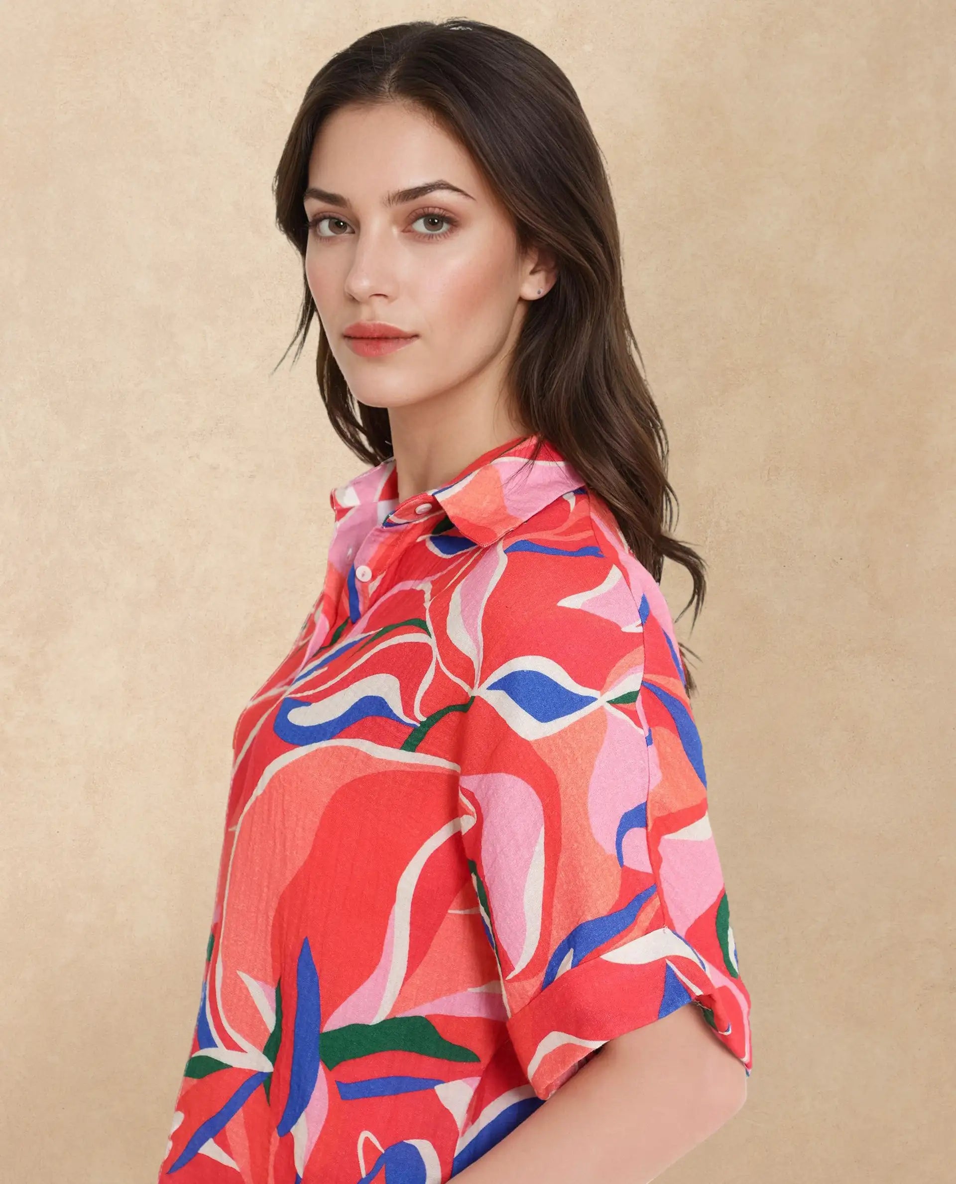 Rareism Women Babuto-T-SC Multi Short Sleeve Tie-Up Neck Button Closure Abstract Print Shirt