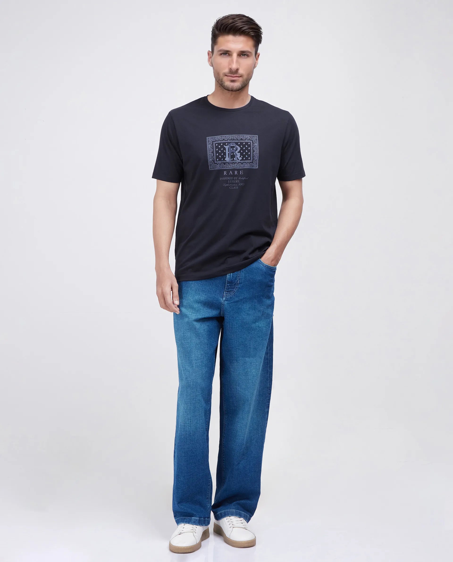 Rare Rabbit Men Bac Dark Dark Navy Cotton Lycra Fabric Short Sleeve Crew Neck Graphic Paisley Print T-Shirt