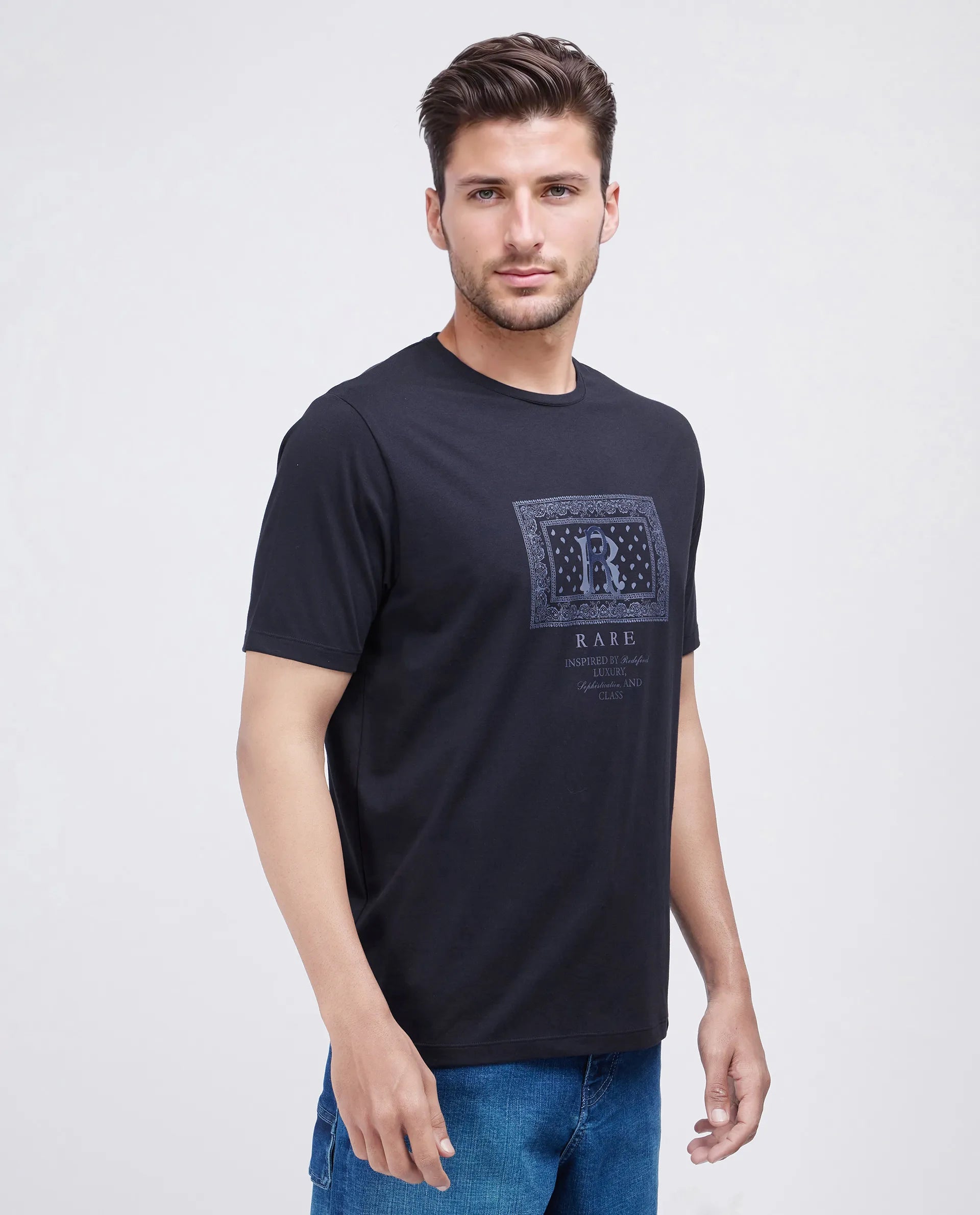 Rare Rabbit Men Bac Dark Dark Navy Cotton Lycra Fabric Short Sleeve Crew Neck Graphic Paisley Print T-Shirt