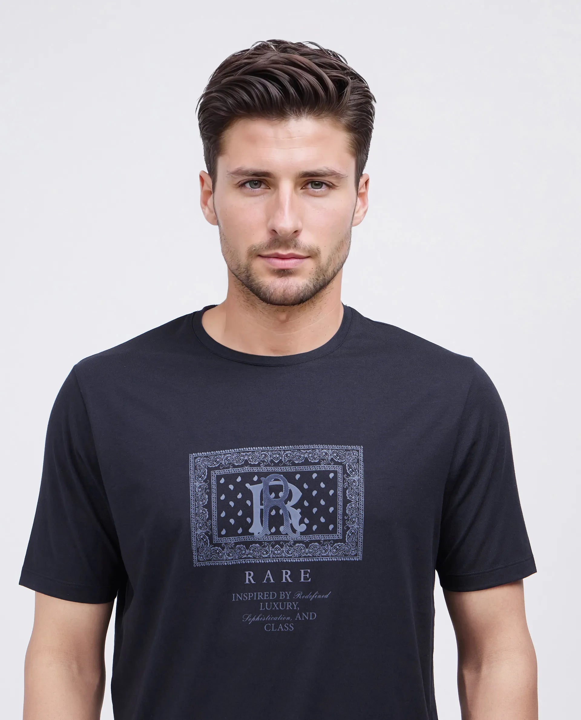 Rare Rabbit Men Bac Dark Dark Navy Cotton Lycra Fabric Short Sleeve Crew Neck Graphic Paisley Print T-Shirt