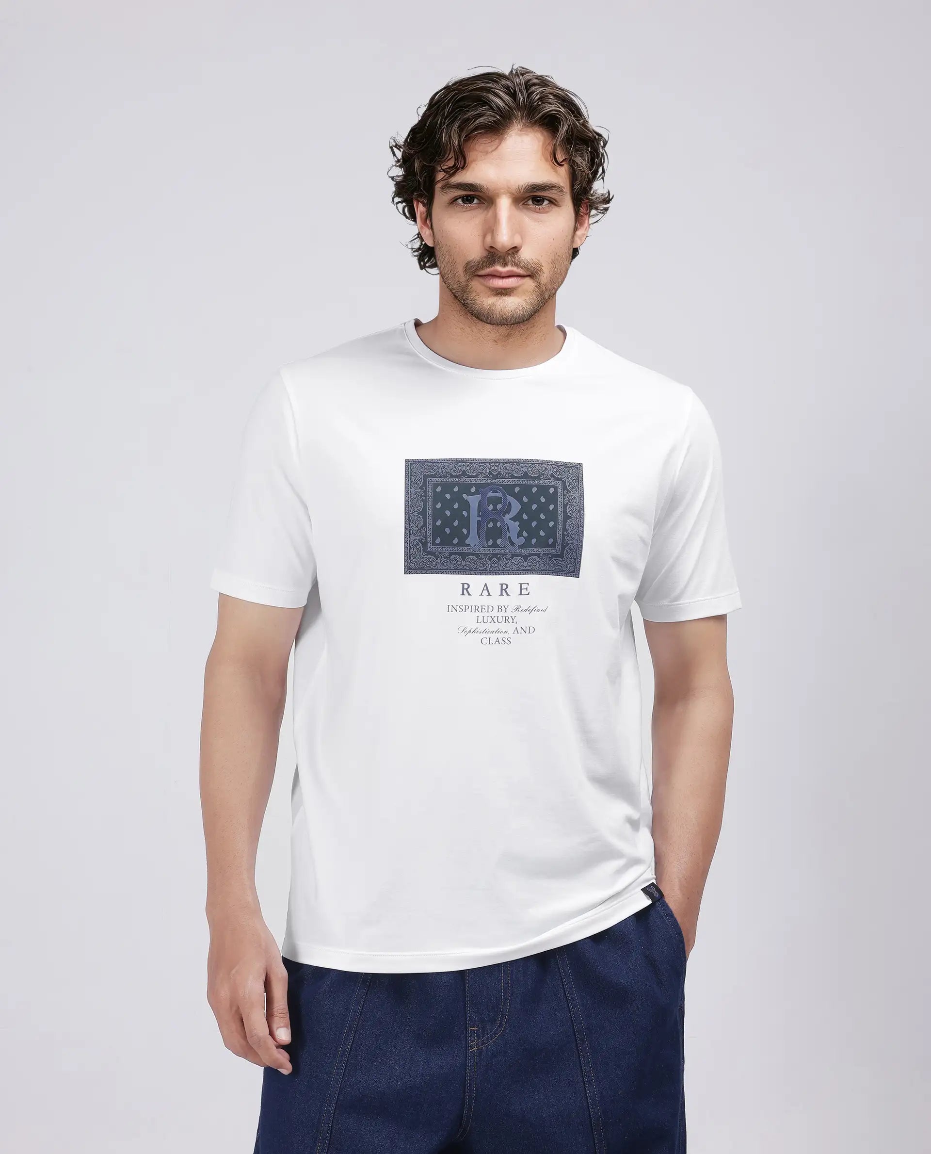 Rare Rabbit Men Bac White Cotton Lycra Fabric Short Sleeve Crew Neck Graphic Print T-Shirt