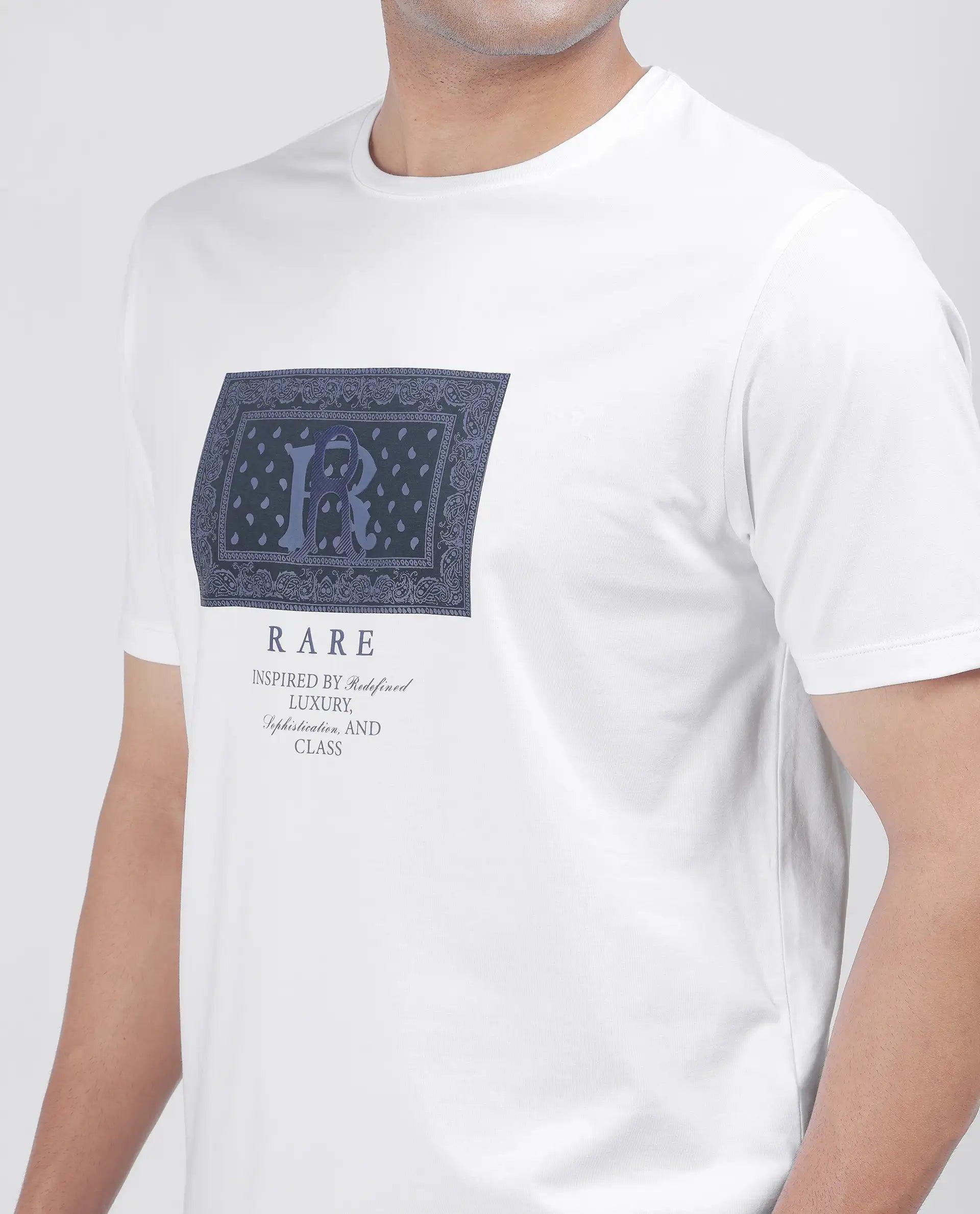 Rare Rabbit Men Bac White Cotton Lycra Fabric Short Sleeve Crew Neck Graphic Print T-Shirt