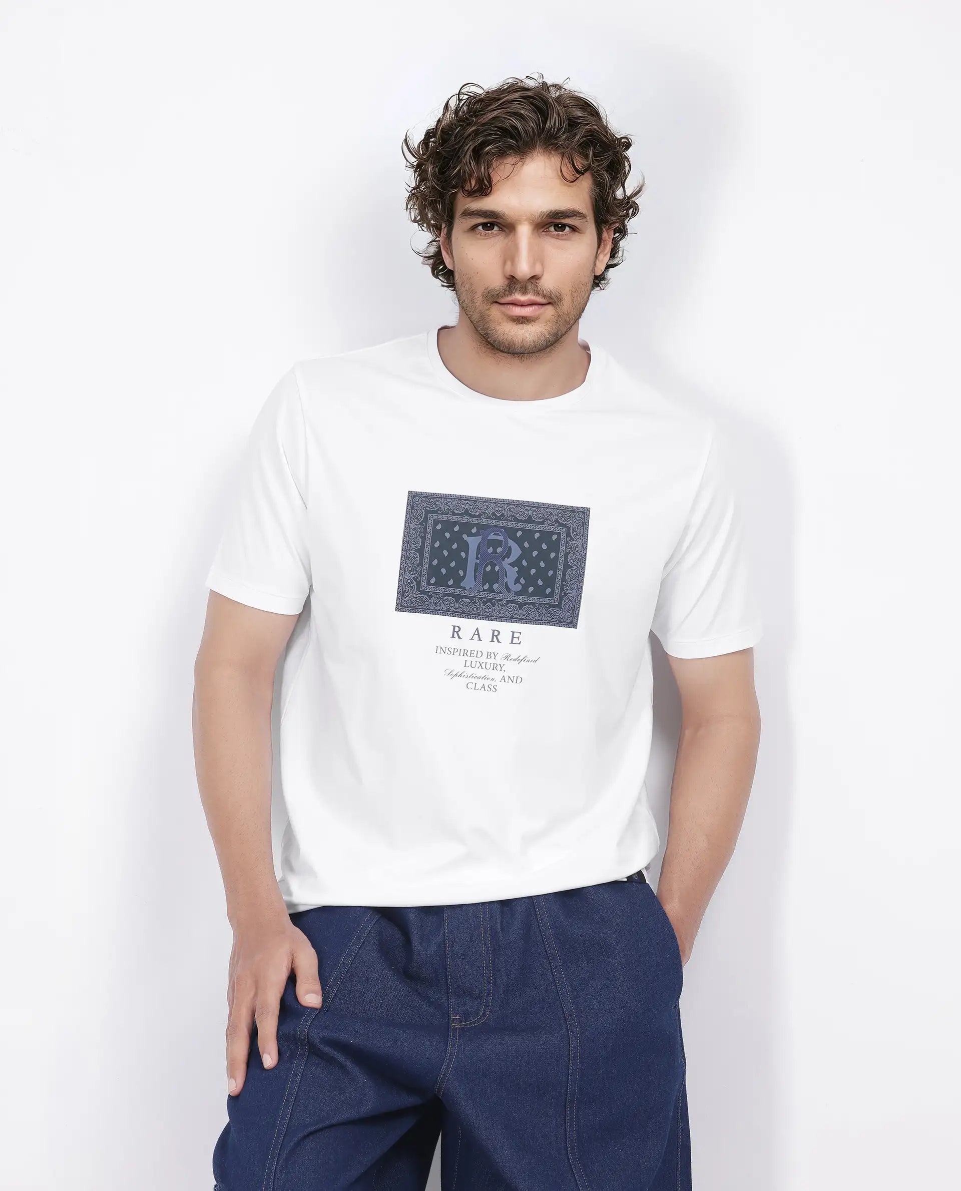 Rare Rabbit Men Bac White Cotton Lycra Fabric Short Sleeve Crew Neck Graphic Print T-Shirt