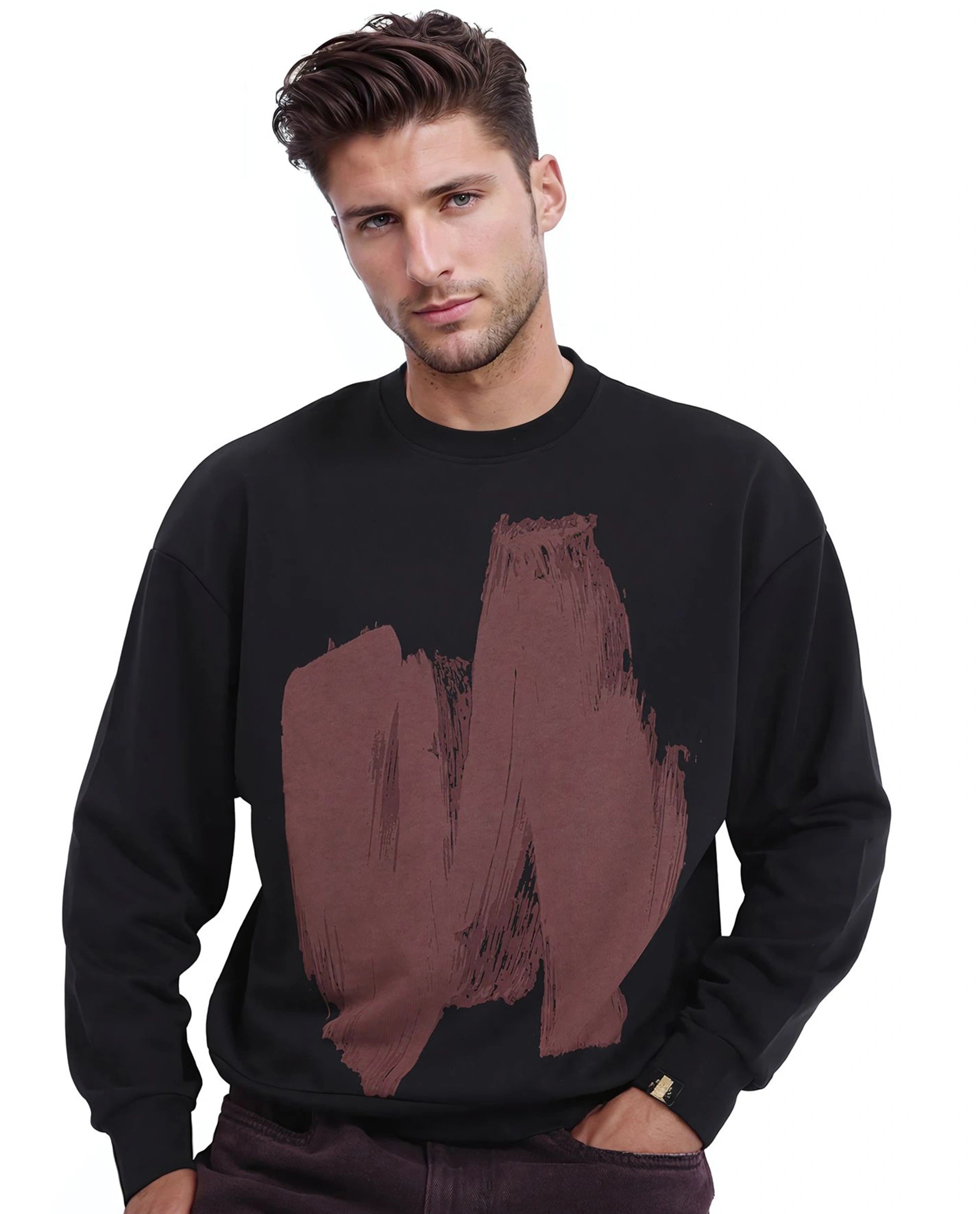 Rare Rabbit Men Bade Black Cotton Polyester Fabric Full Sleeve Crew Neck Boxy Fit Printed Sweatshirt
