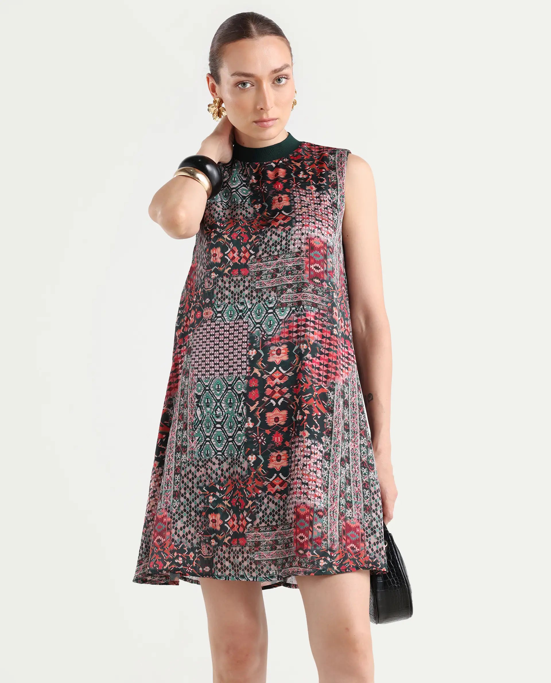 Rareism Women's Baden Dark Multi Satin Turtle Neck Abstract Print Sleeveless Knee Length Flared Dress
