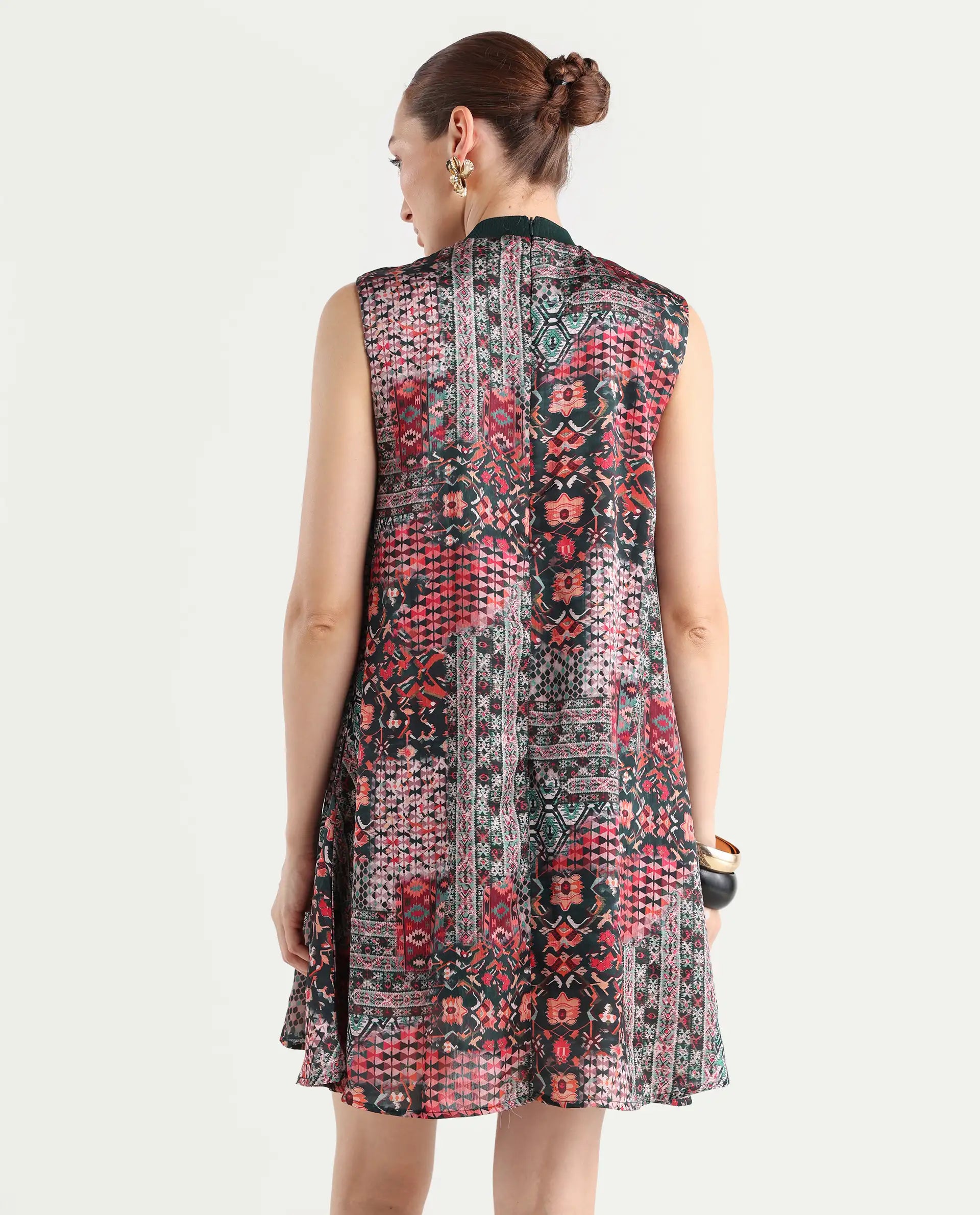 Rareism Women's Baden Dark Multi Satin Turtle Neck Abstract Print Sleeveless Knee Length Flared Dress