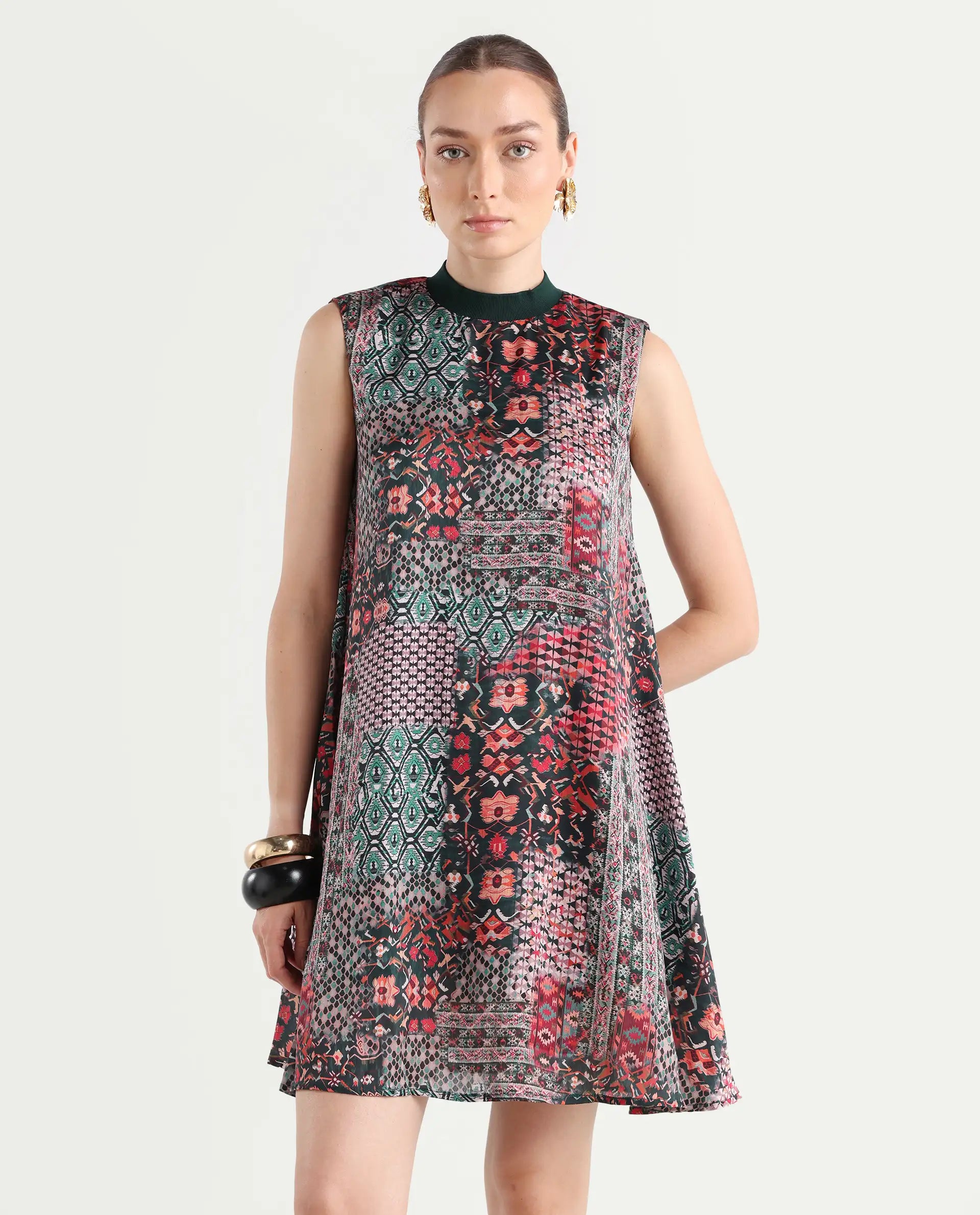 Rareism Women's Baden Dark Multi Satin Turtle Neck Abstract Print Sleeveless Knee Length Flared Dress