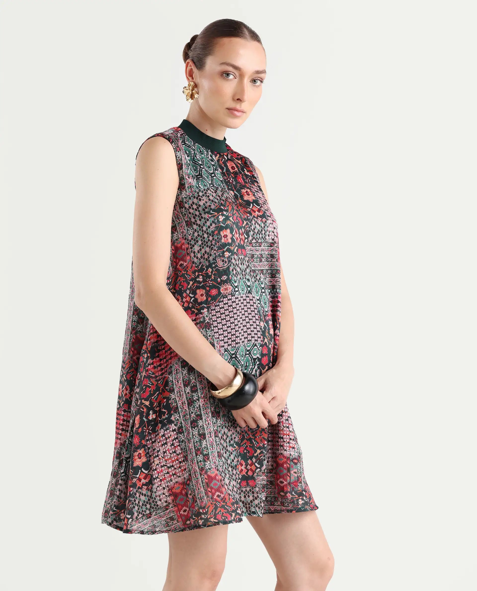 Rareism Women's Baden Dark Multi Satin Turtle Neck Abstract Print Sleeveless Knee Length Flared Dress