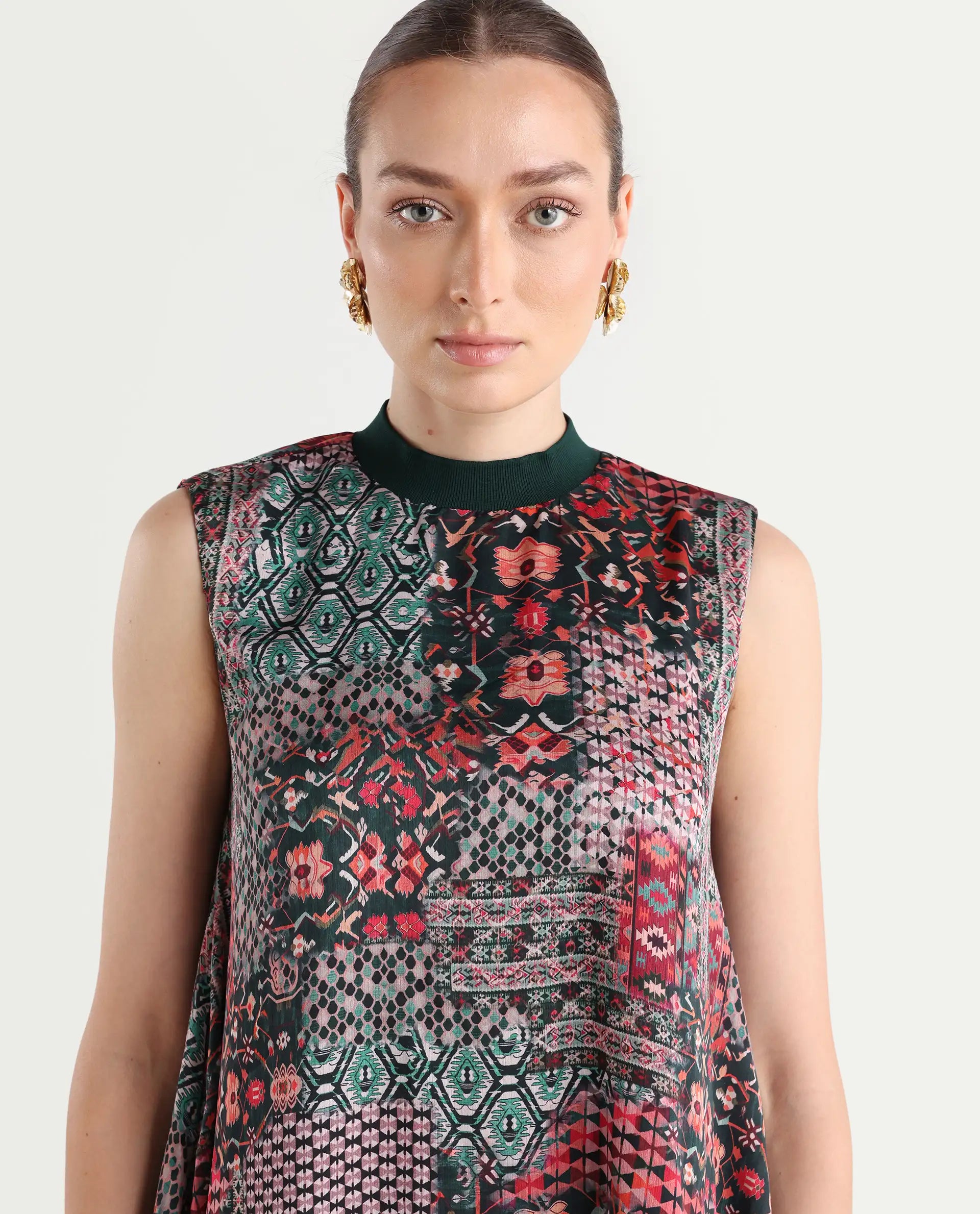 Rareism Women's Baden Dark Multi Satin Turtle Neck Abstract Print Sleeveless Knee Length Flared Dress